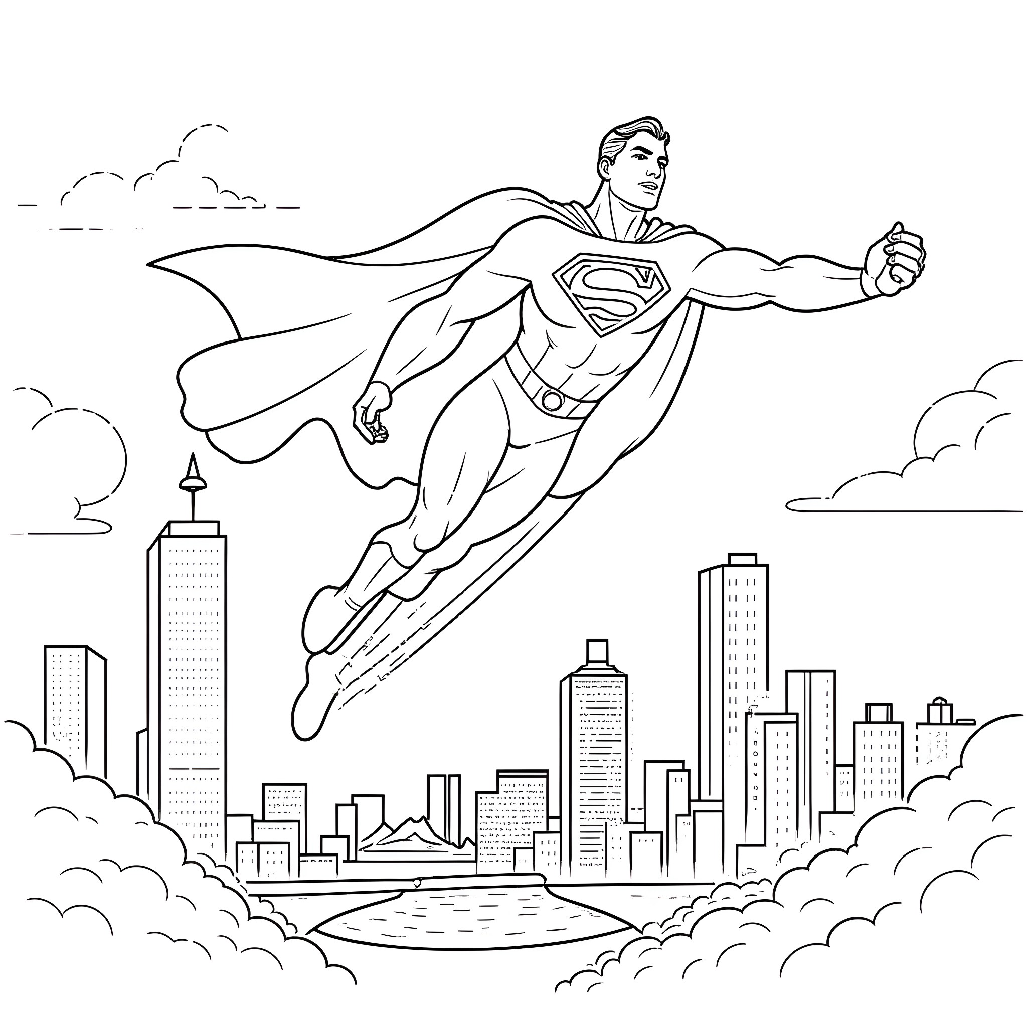 Superman Soaring through the Cityscape Coloring Page (free black-and-white line drawing printable PDF for all, from beginners to advanced learners, including children, teens, adults, and seniors)