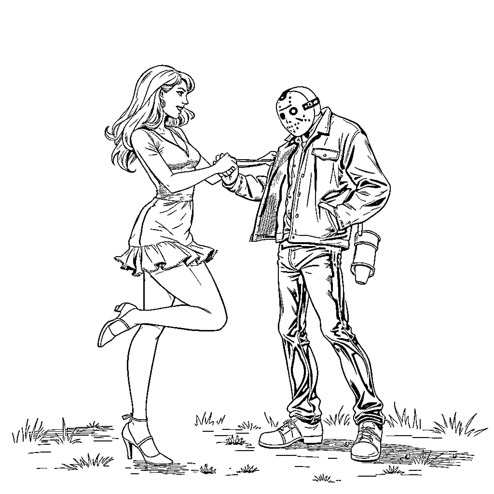 Woman meets mysterious stranger in field Coloring Page (free black-and-white line drawing printable PDF for all, from beginners to advanced learners, including children, teens, adults, and seniors)