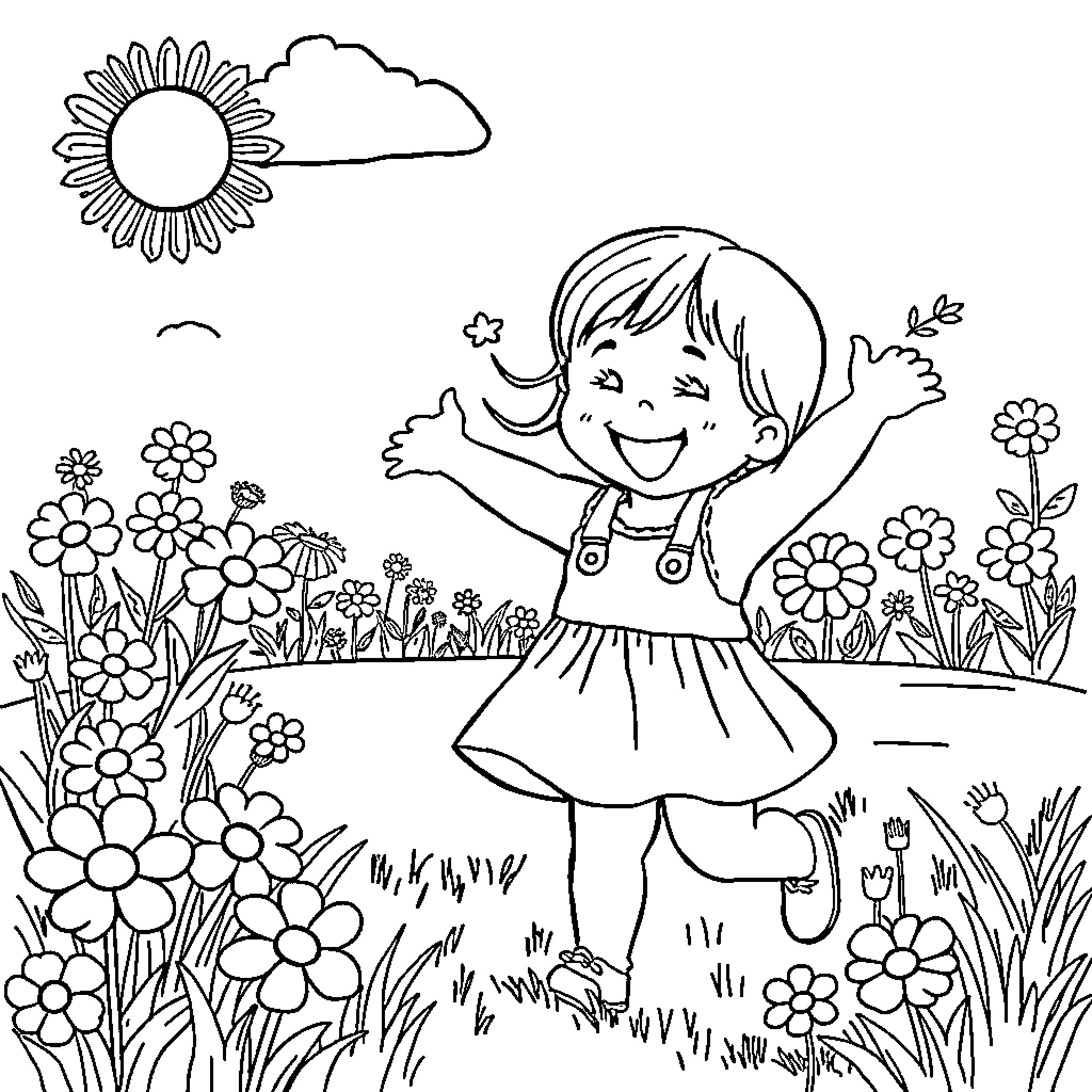 Toddler girl joyfully playing in a flower garden Coloring Page (free black-and-white line drawing printable PDF for all, from beginners to advanced learners, including children, teens, adults, and seniors)