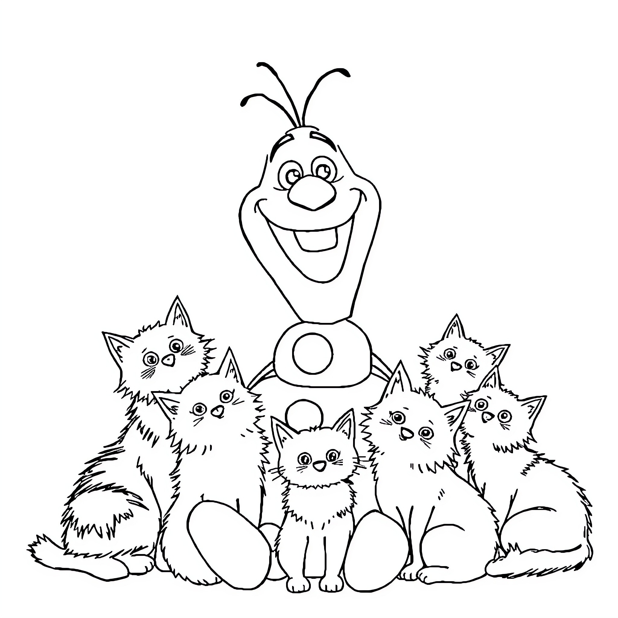 Olaf surrounded by playful kittens Coloring Page (free black-and-white line drawing printable PDF for all, from beginners to advanced learners, including children, teens, adults, and seniors)