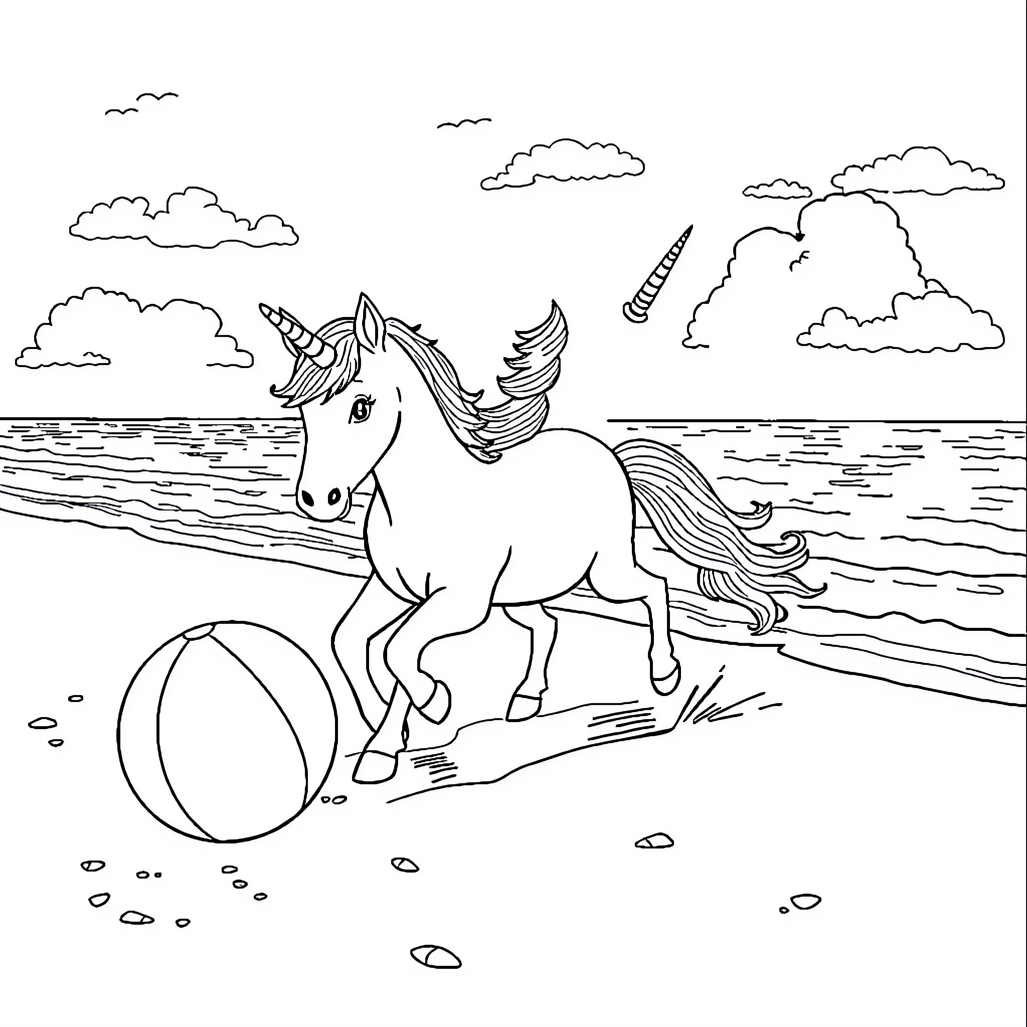 Unicorn Playing on the Beach Coloring Page (free black-and-white line drawing printable PDF for all, from beginners to advanced learners, including children, teens, adults, and seniors)
