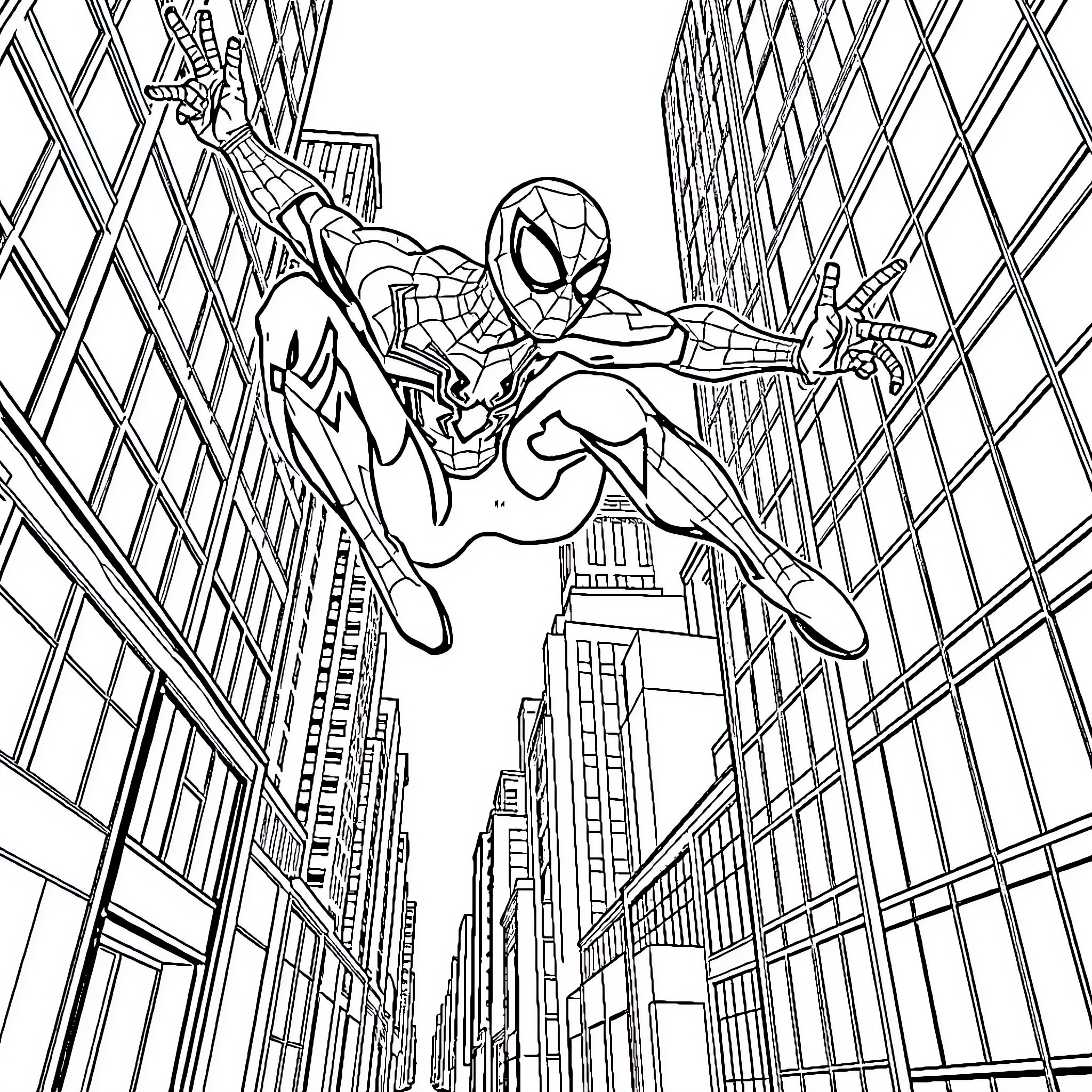 Spiderman swinging through the city skyline Coloring Page (free black-and-white line drawing printable PDF for all, from beginners to advanced learners, including children, teens, adults, and seniors)