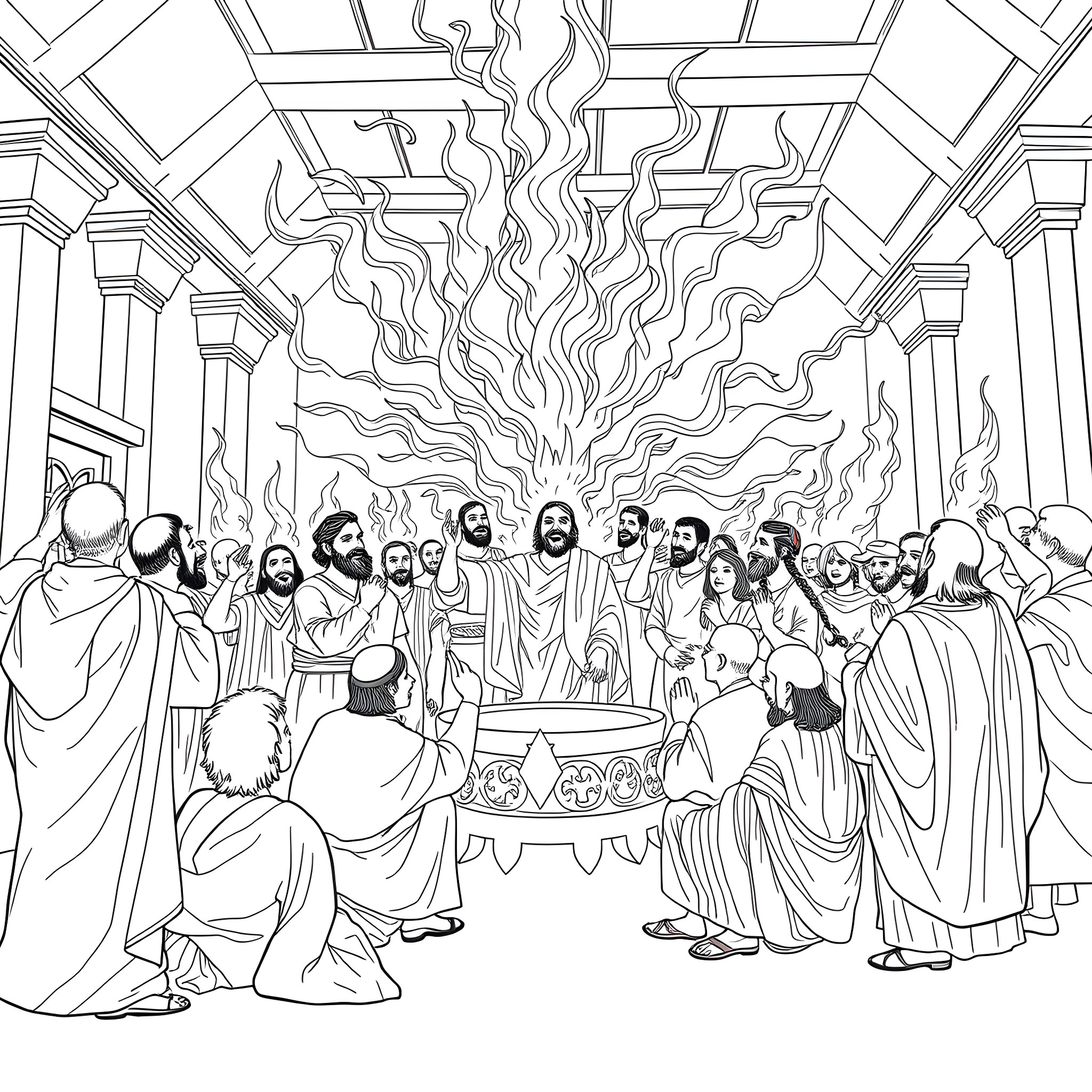 Pentecost: Disciples Receive the Holy Spirit Coloring Page (free black-and-white line drawing printable PDF for all, from beginners to advanced learners, including children, teens, adults, and seniors)