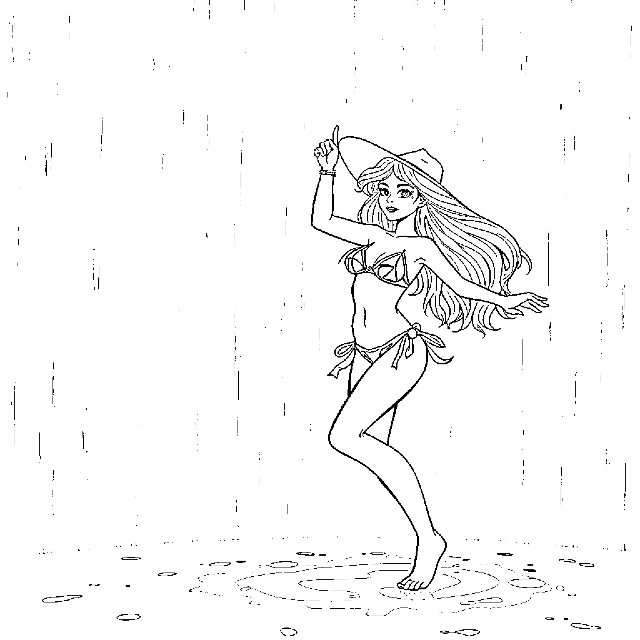 Sophie dancing in the rain Coloring Page (free black-and-white line drawing printable PDF for all, from beginners to advanced learners, including children, teens, adults, and seniors)