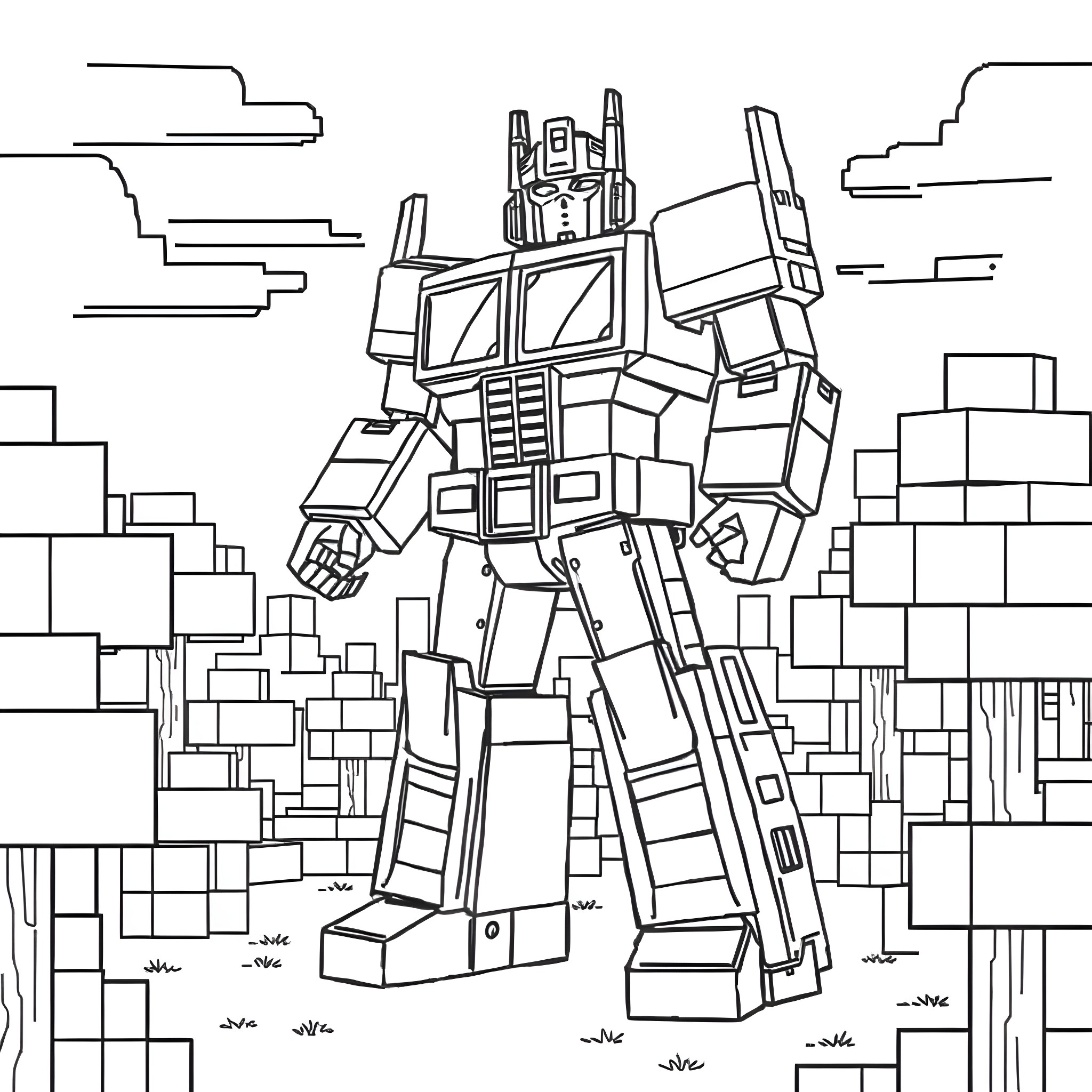 Optimus Prime standing tall in a city scene Coloring Page (free black-and-white line drawing printable PDF for all, from beginners to advanced learners, including children, teens, adults, and seniors)