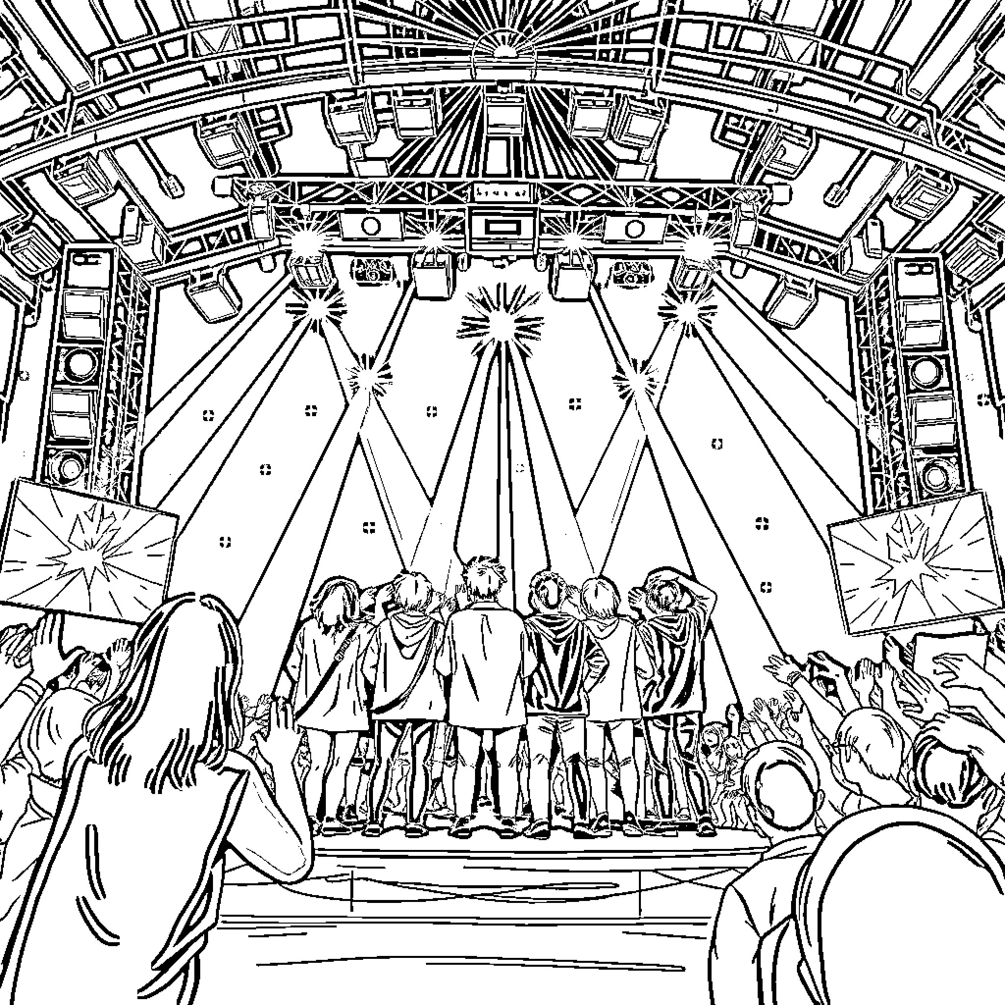 Stray Kids Performing on a Dramatic Stage Coloring Page (free black-and-white line drawing printable PDF for all, from beginners to advanced learners, including children, teens, adults, and seniors)