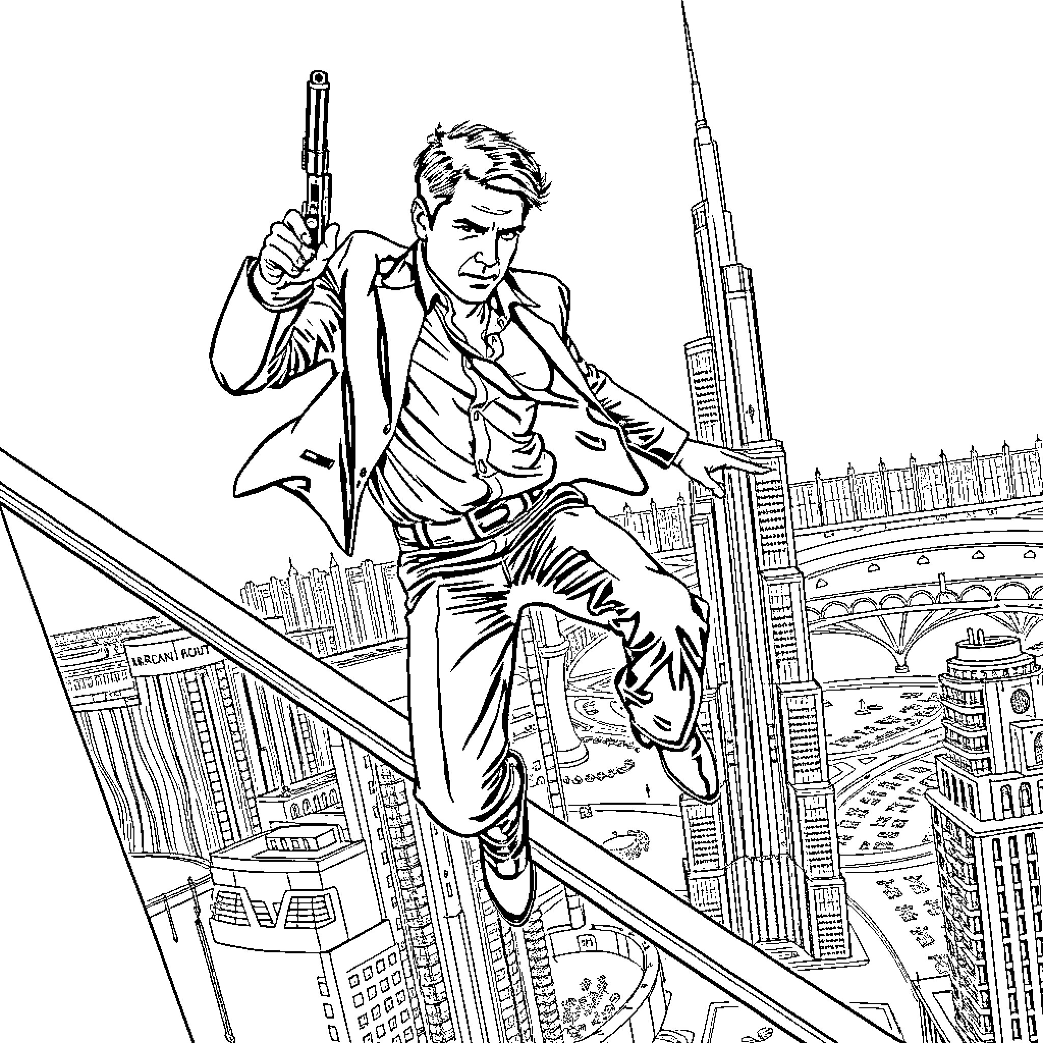 Ethan Hunt's daring escape across the city skyline Coloring Page (free black-and-white line drawing printable PDF for all, from beginners to advanced learners, including children, teens, adults, and seniors)