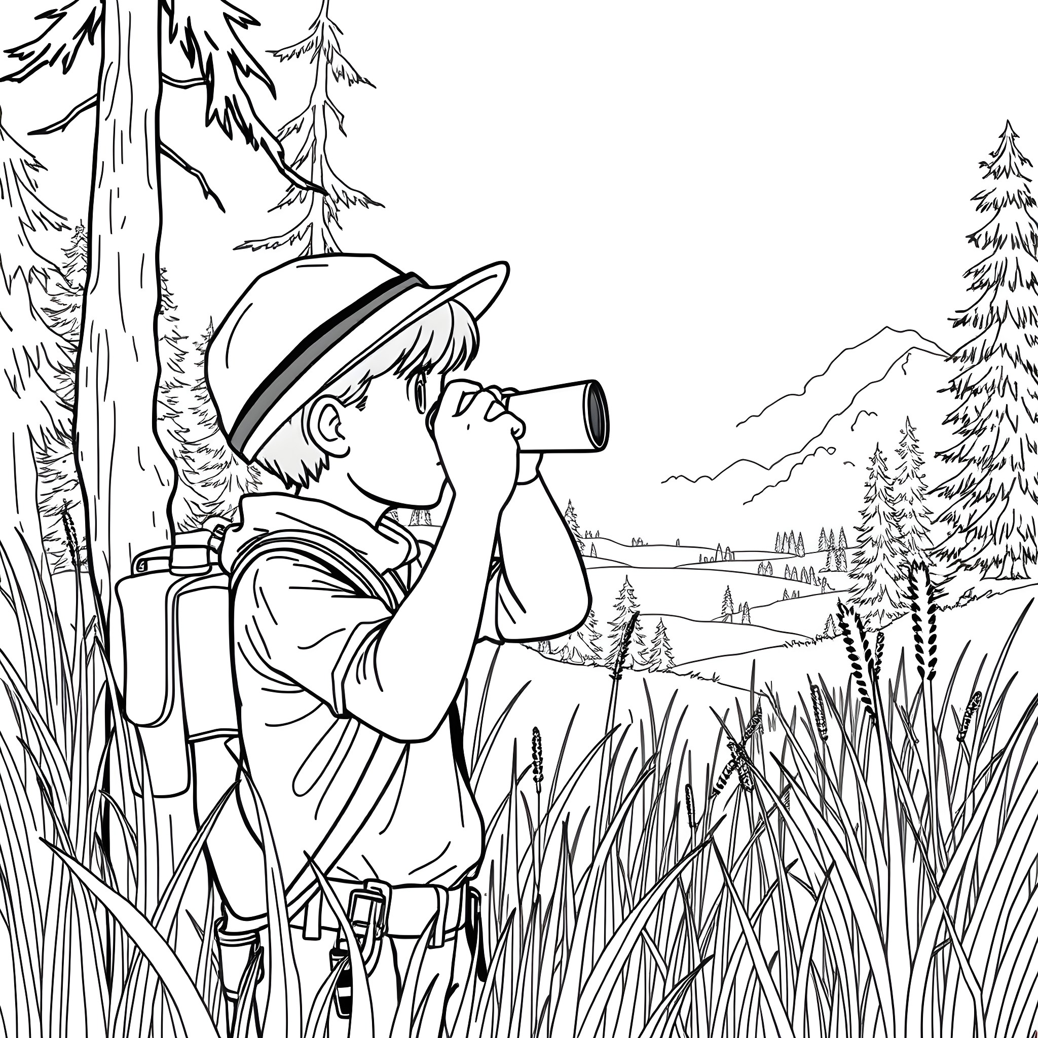 Boy exploring the wilderness with binoculars Coloring Page (free black-and-white line drawing printable PDF for all, from beginners to advanced learners, including children, teens, adults, and seniors)