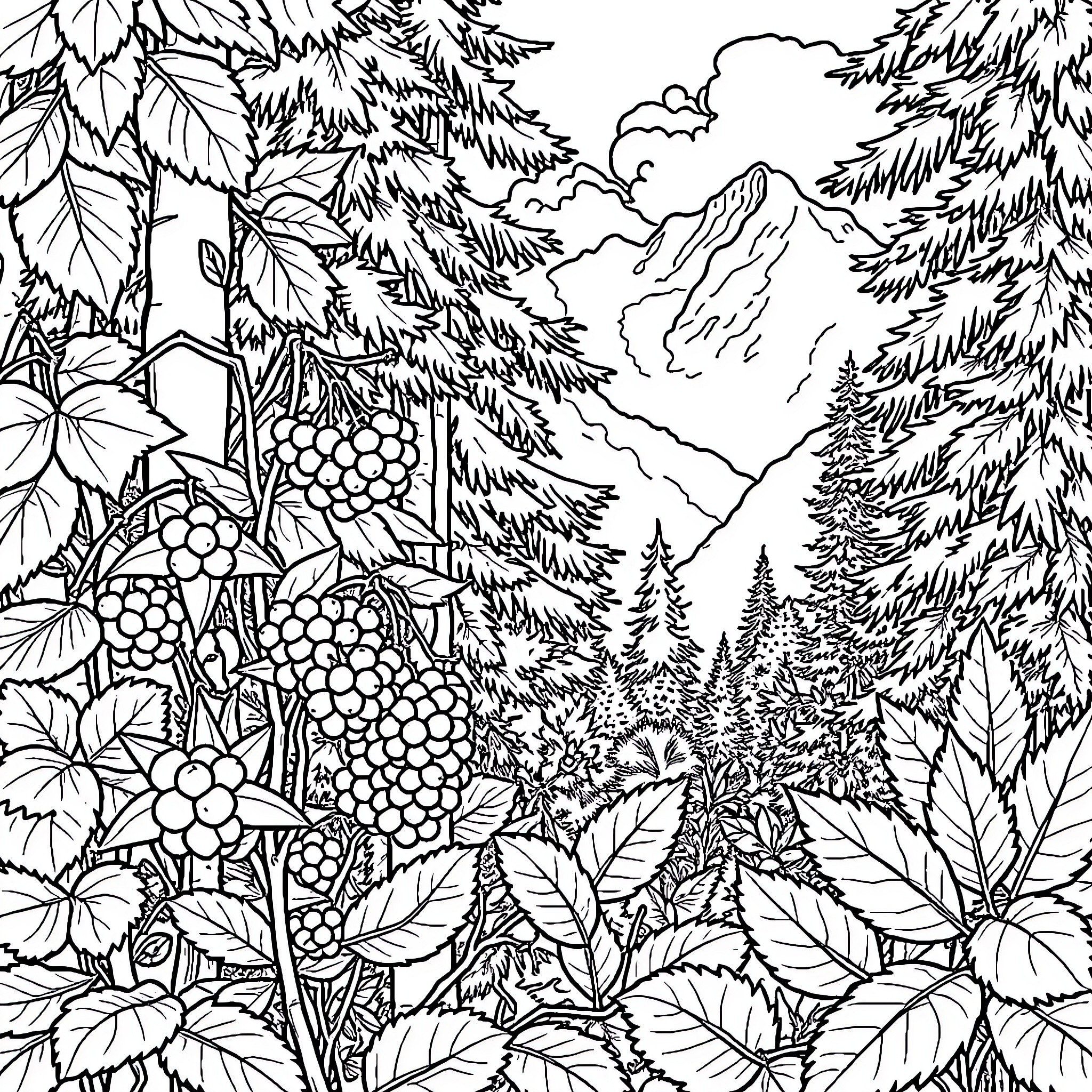 Berry-Filled Forest Hideaway Coloring Page (free black-and-white line drawing printable PDF for all, from beginners to advanced learners, including children, teens, adults, and seniors)