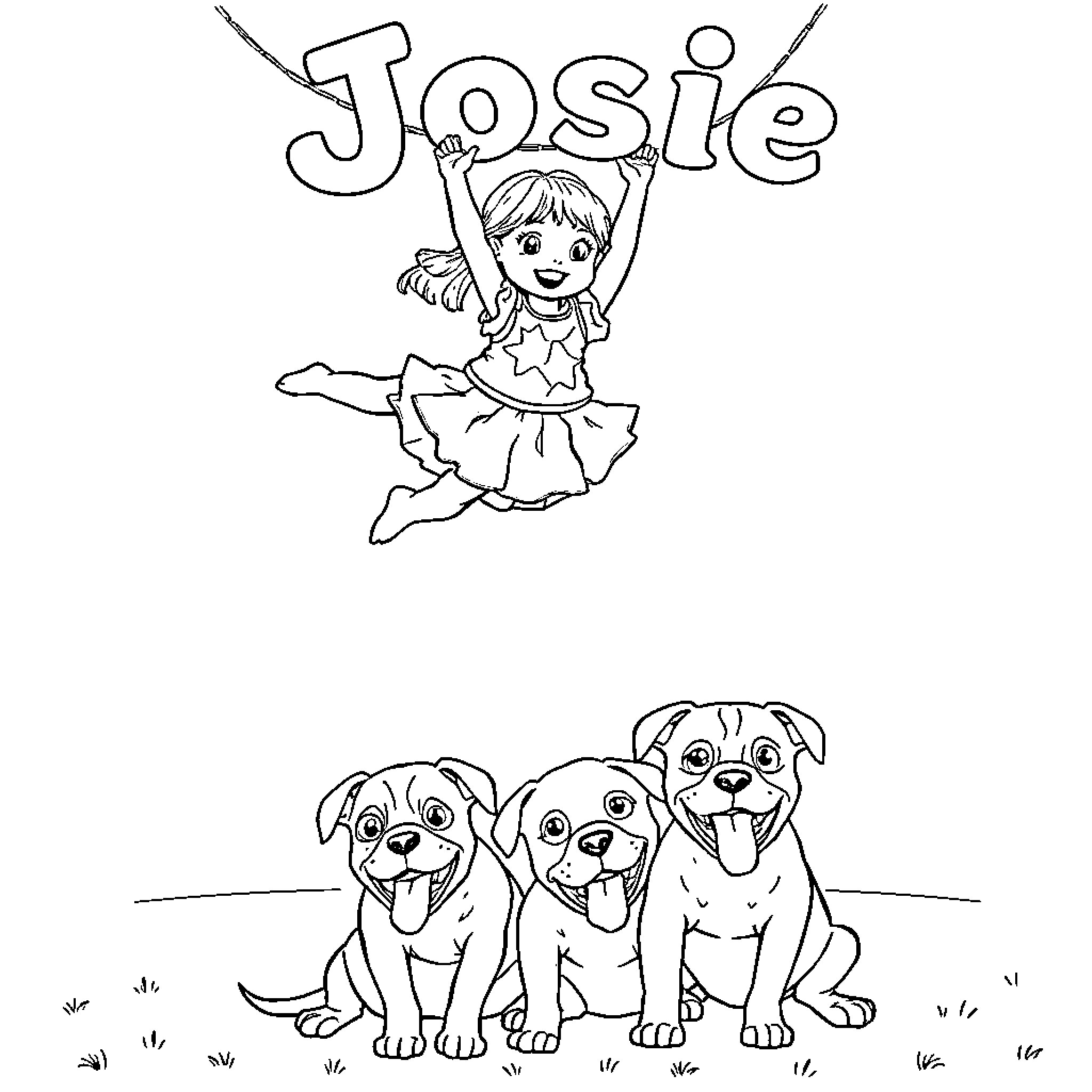 Girl dancing joyfully with toys Coloring Page (free black-and-white line drawing printable PDF for all, from beginners to advanced learners, including children, teens, adults, and seniors)