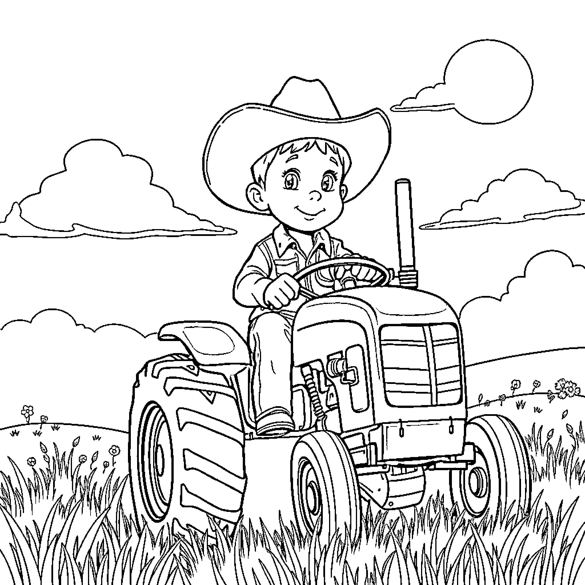 Cowboy Driving a Tractor in the Countryside Coloring Page (free black-and-white line drawing printable PDF for all, from beginners to advanced learners, including children, teens, adults, and seniors)