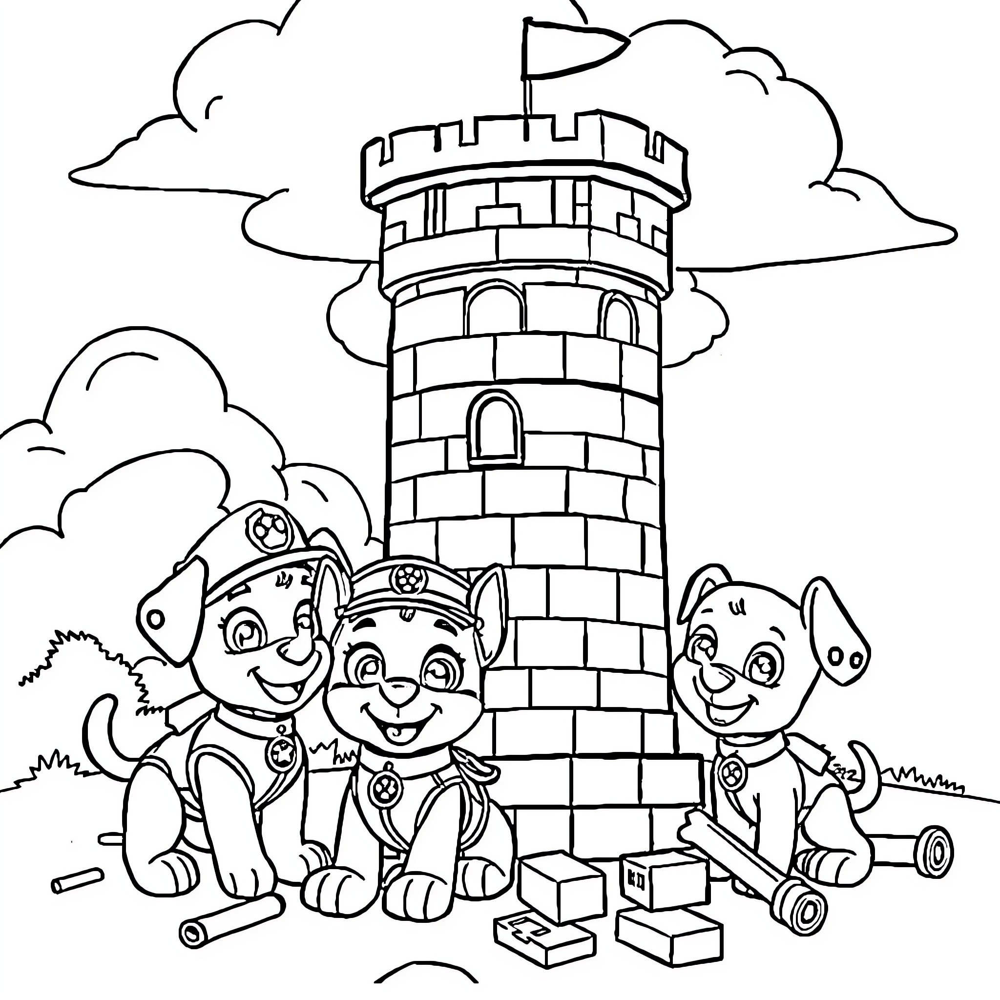 Paw Patrol Exploring a Tall Tower Coloring Page (free black-and-white line drawing printable PDF for all, from beginners to advanced learners, including children, teens, adults, and seniors)