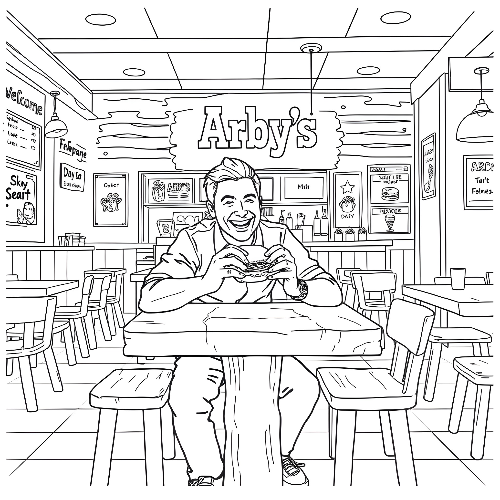 Man Enjoying Meal at Cozy Diner Coloring Page (free black-and-white line drawing printable PDF for all, from beginners to advanced learners, including children, teens, adults, and seniors)