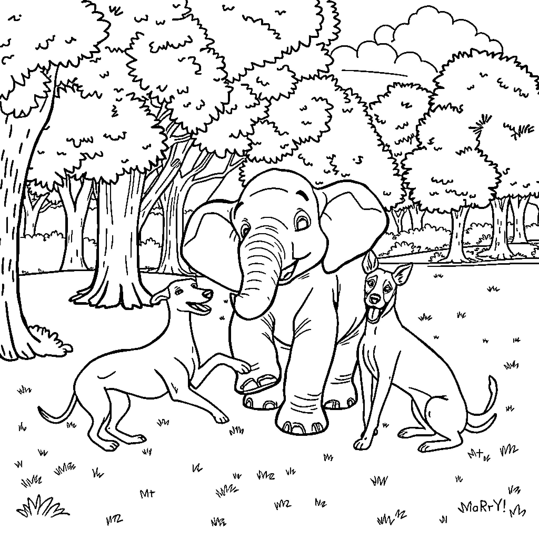 Elephant and dogs exploring the forest Coloring Page (free black-and-white line drawing printable PDF for all, from beginners to advanced learners, including children, teens, adults, and seniors)