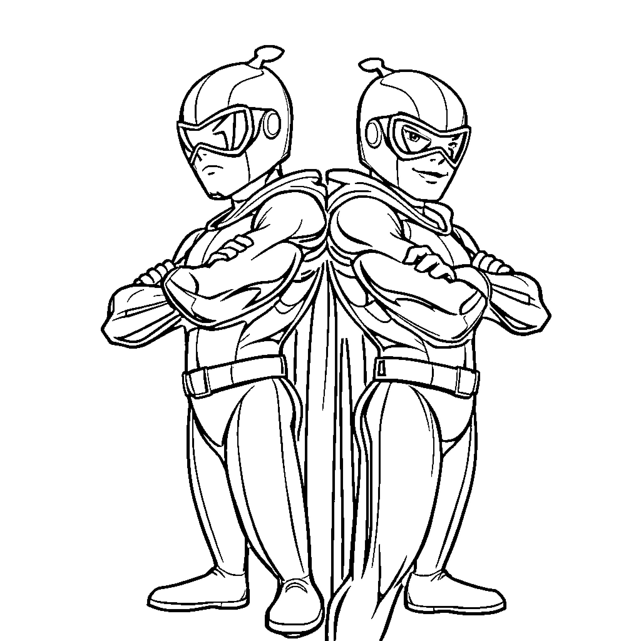 Superhero duo in action-ready poses Coloring Page (free black-and-white line drawing printable PDF for all, from beginners to advanced learners, including children, teens, adults, and seniors)