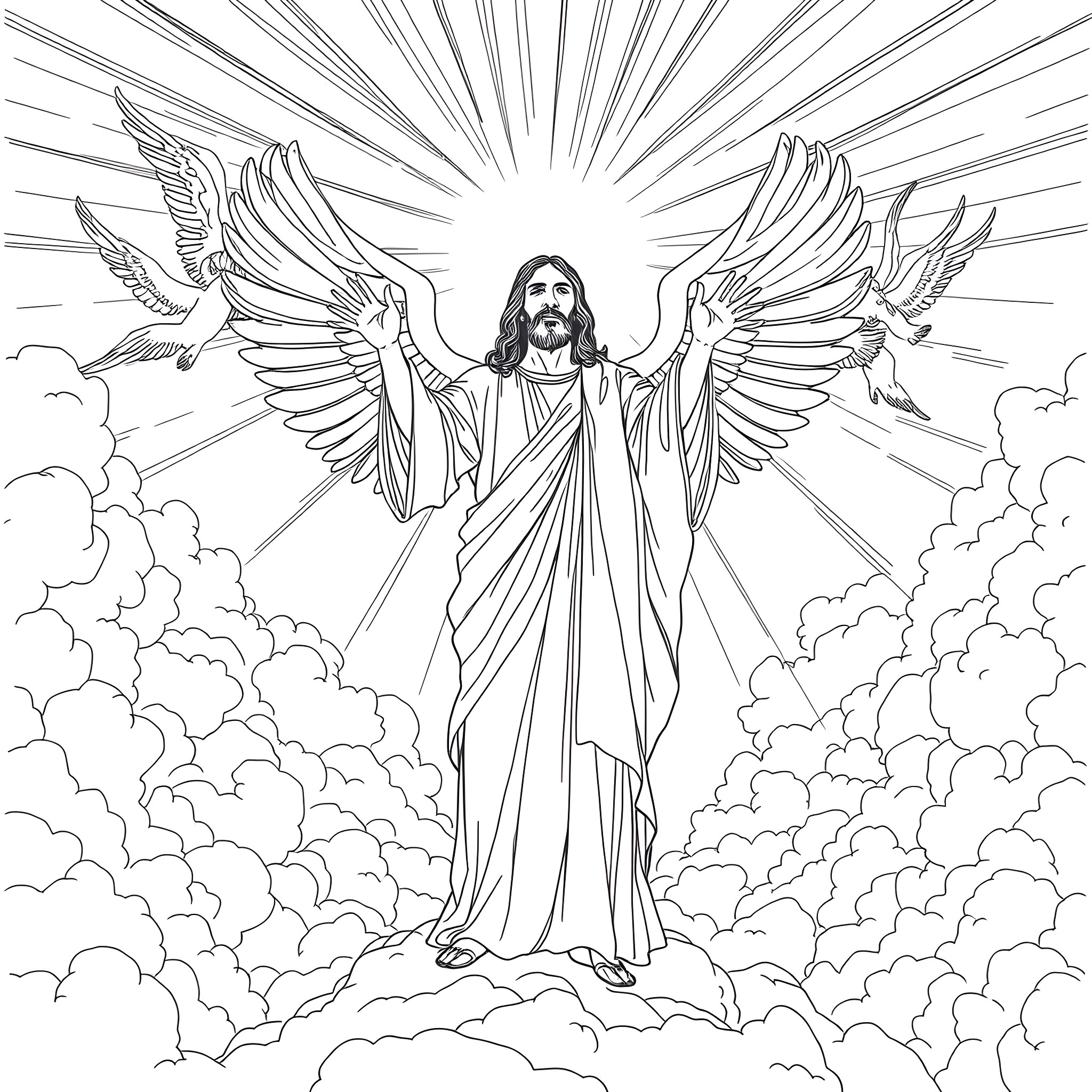 Jesus Christ with outstretched wings in heavenly glory Coloring Page (free black-and-white line drawing printable PDF for all, from beginners to advanced learners, including children, teens, adults, and seniors)