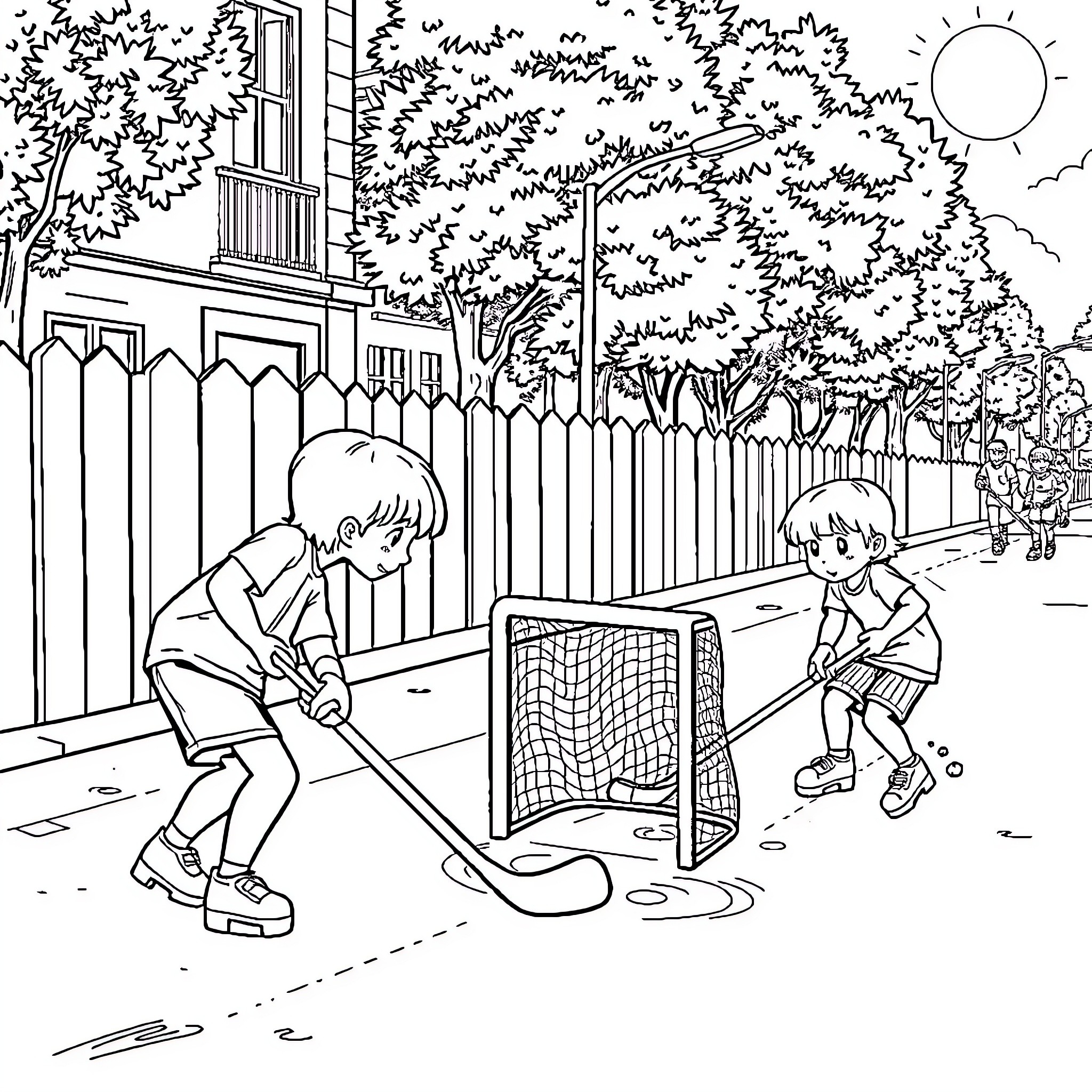 Kids playing hockey on a sunny day Coloring Page (free black-and-white line drawing printable PDF for all, from beginners to advanced learners, including children, teens, adults, and seniors)