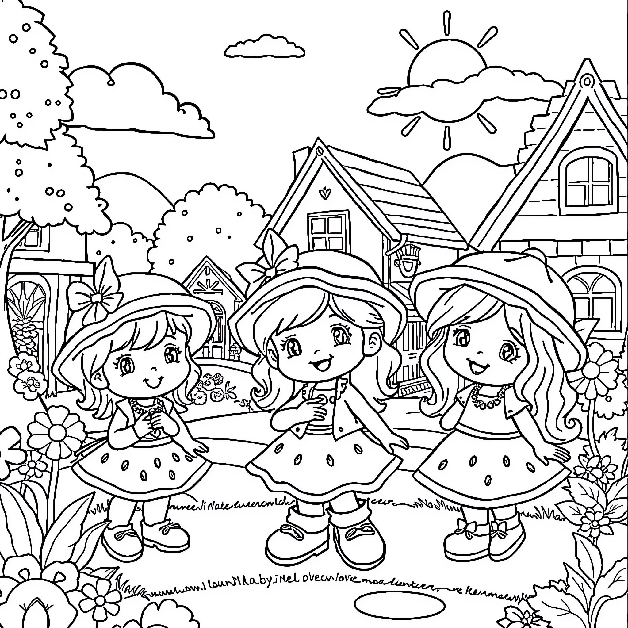 Strawberry Shortcake and friends exploring a quaint village Coloring Page (free black-and-white line drawing printable PDF for all, from beginners to advanced learners, including children, teens, adults, and seniors)