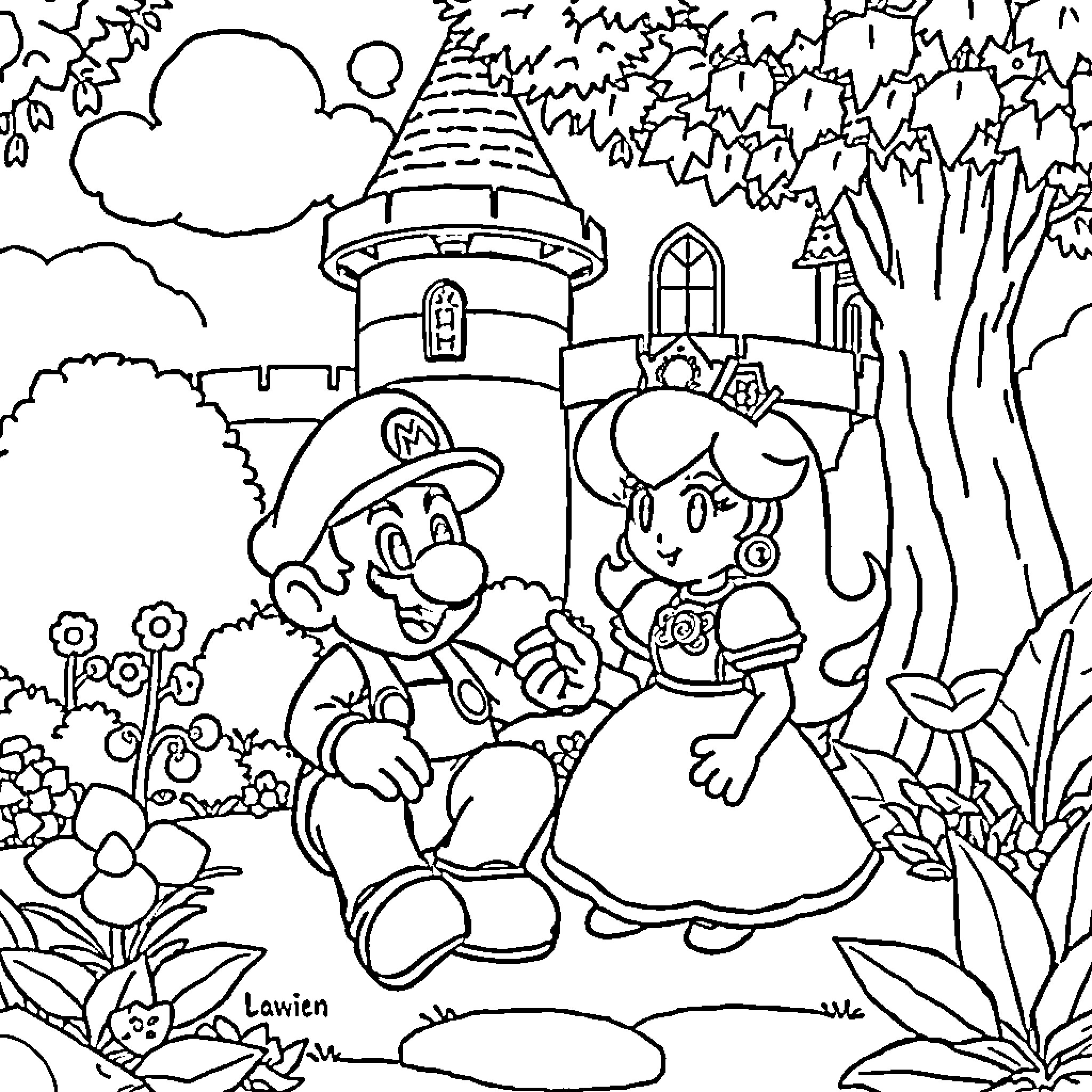 Mario and Princess Exploring the Enchanted Castle Coloring Page (free black-and-white line drawing printable PDF for all, from beginners to advanced learners, including children, teens, adults, and seniors)