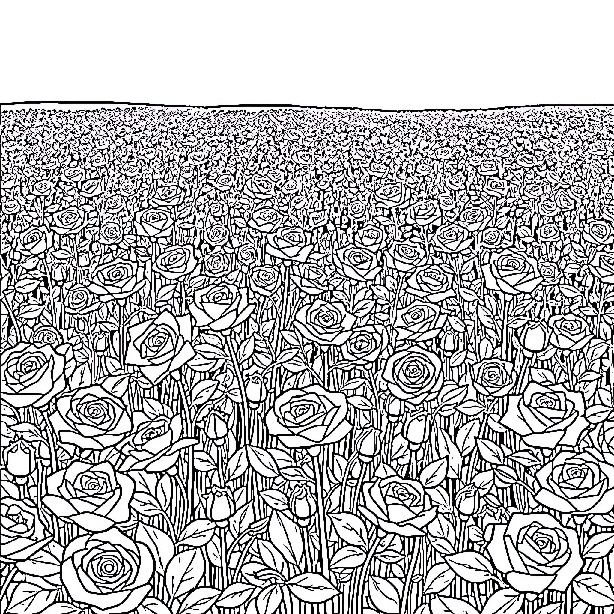 Rose Garden Filled with Intricate Floral Details Coloring Page (free black-and-white line drawing printable PDF for all, from beginners to advanced learners, including children, teens, adults, and seniors)