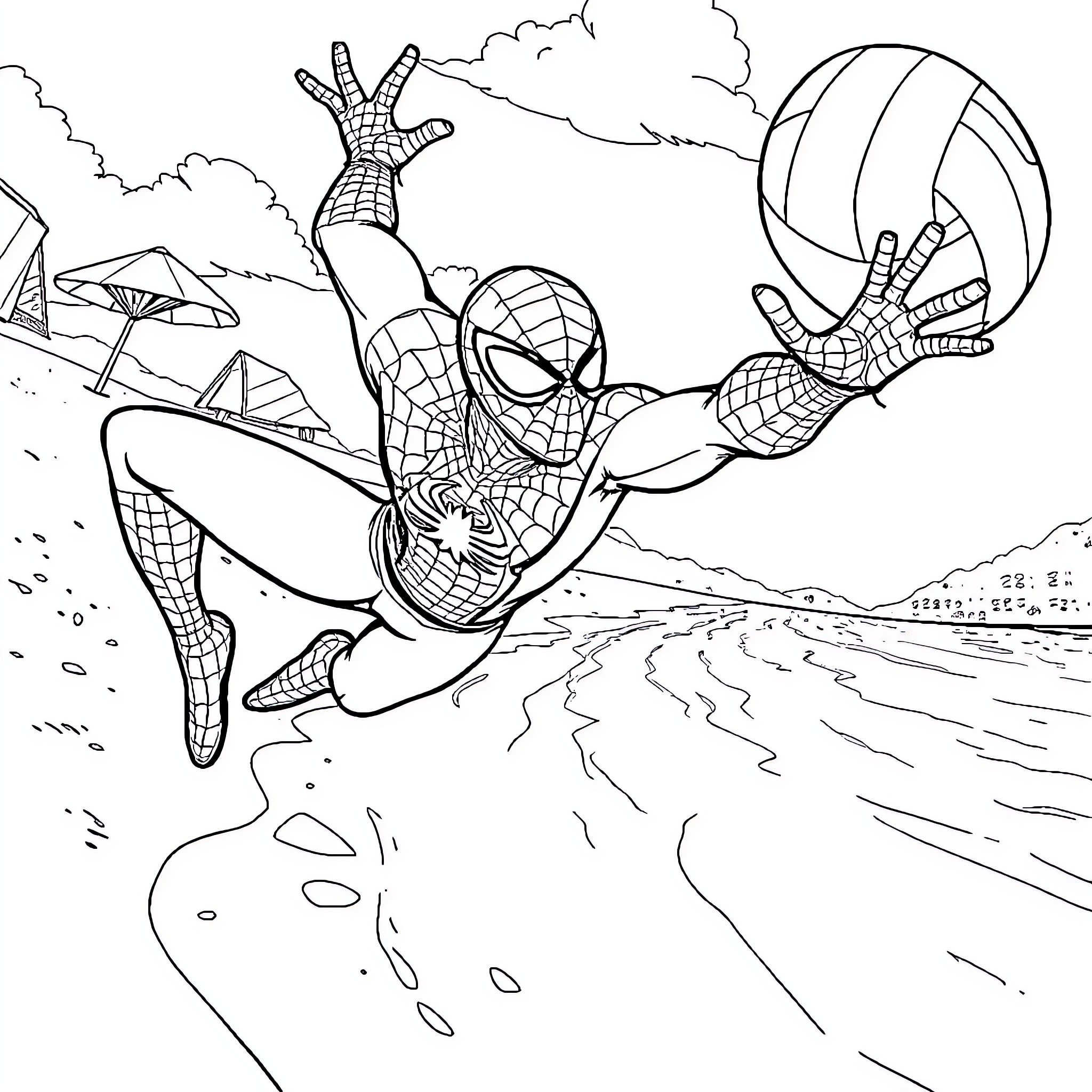 Spiderman swinging and web-slinging through the city Coloring Page (free black-and-white line drawing printable PDF for all, from beginners to advanced learners, including children, teens, adults, and seniors)
