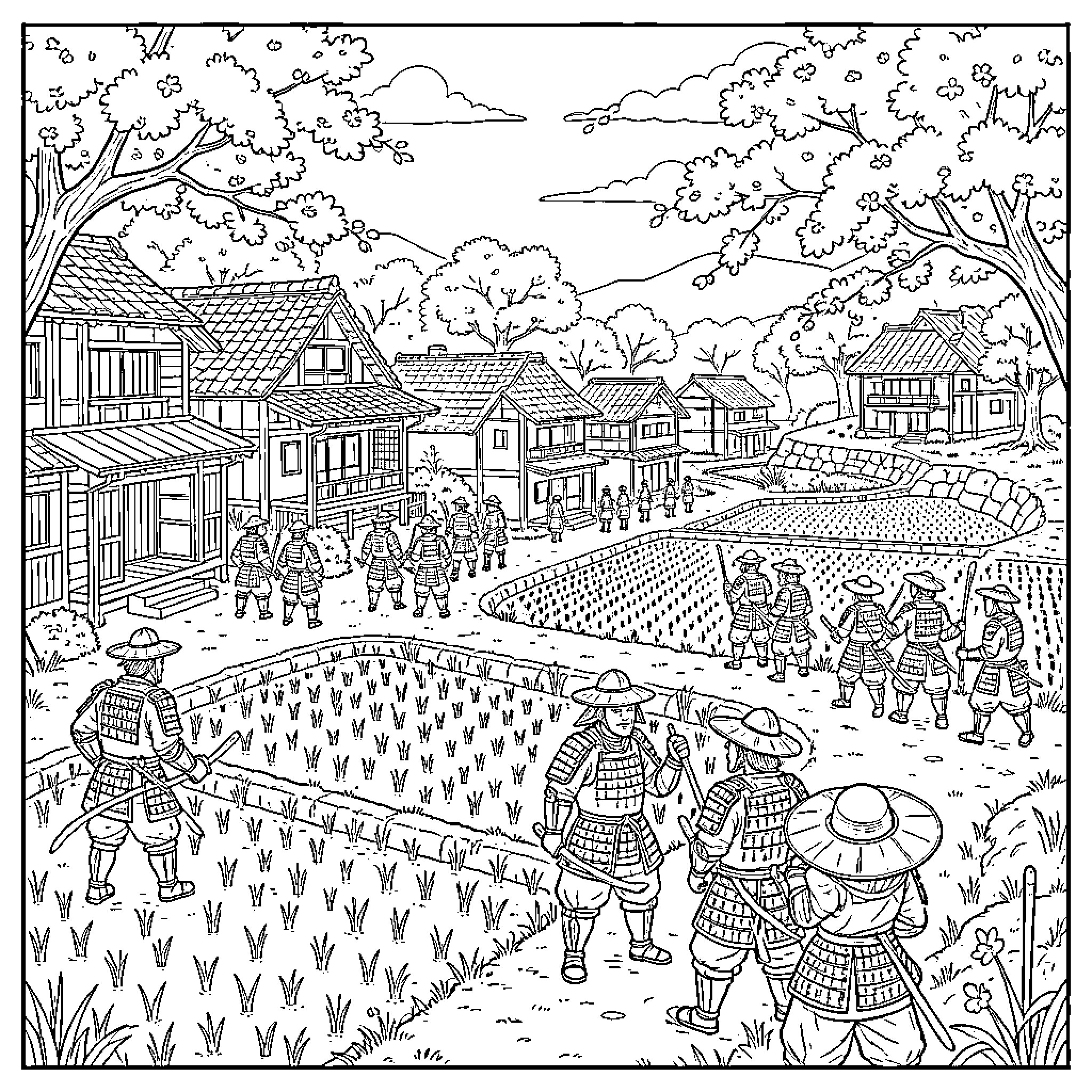 Japan village scene with people walking in traditional clothing Coloring Page (free black-and-white line drawing printable PDF for all, from beginners to advanced learners, including children, teens, adults, and seniors)