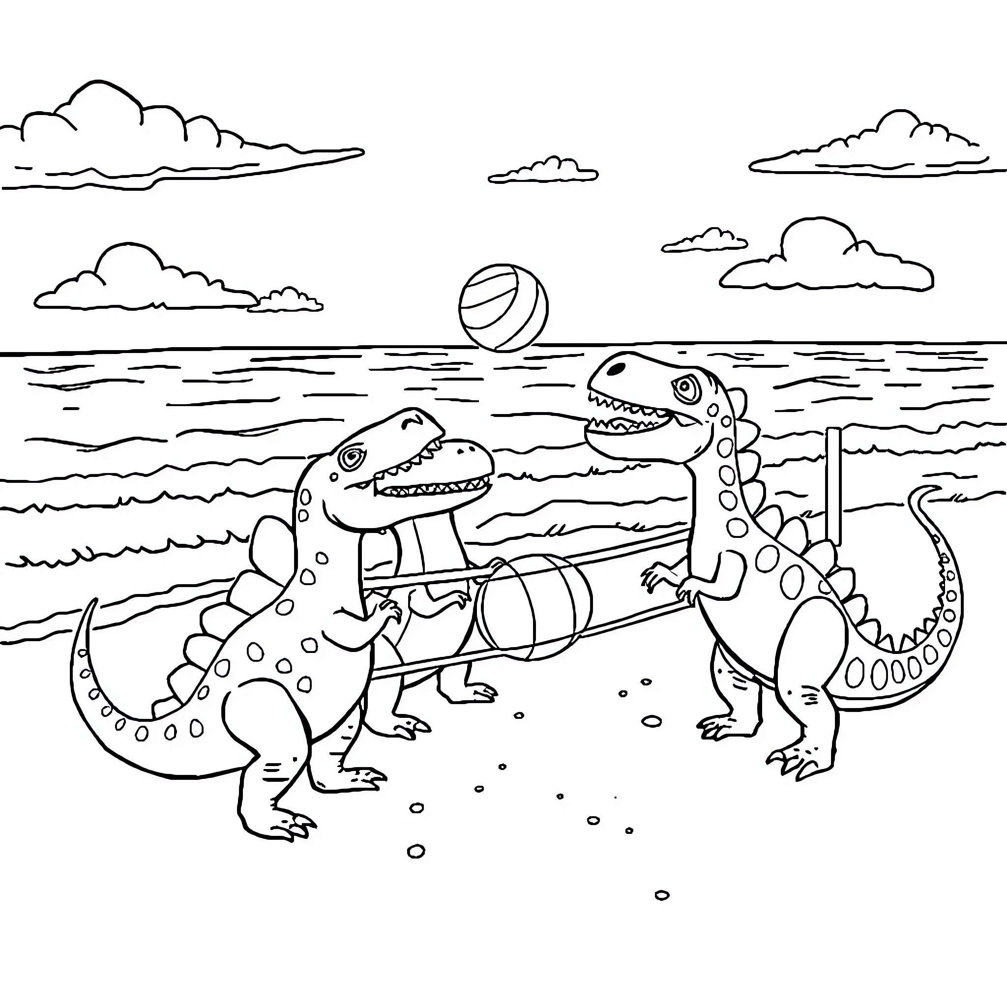 Dinosaurs playing beach ball on the shore Coloring Page (free black-and-white line drawing printable PDF for all, from beginners to advanced learners, including children, teens, adults, and seniors)