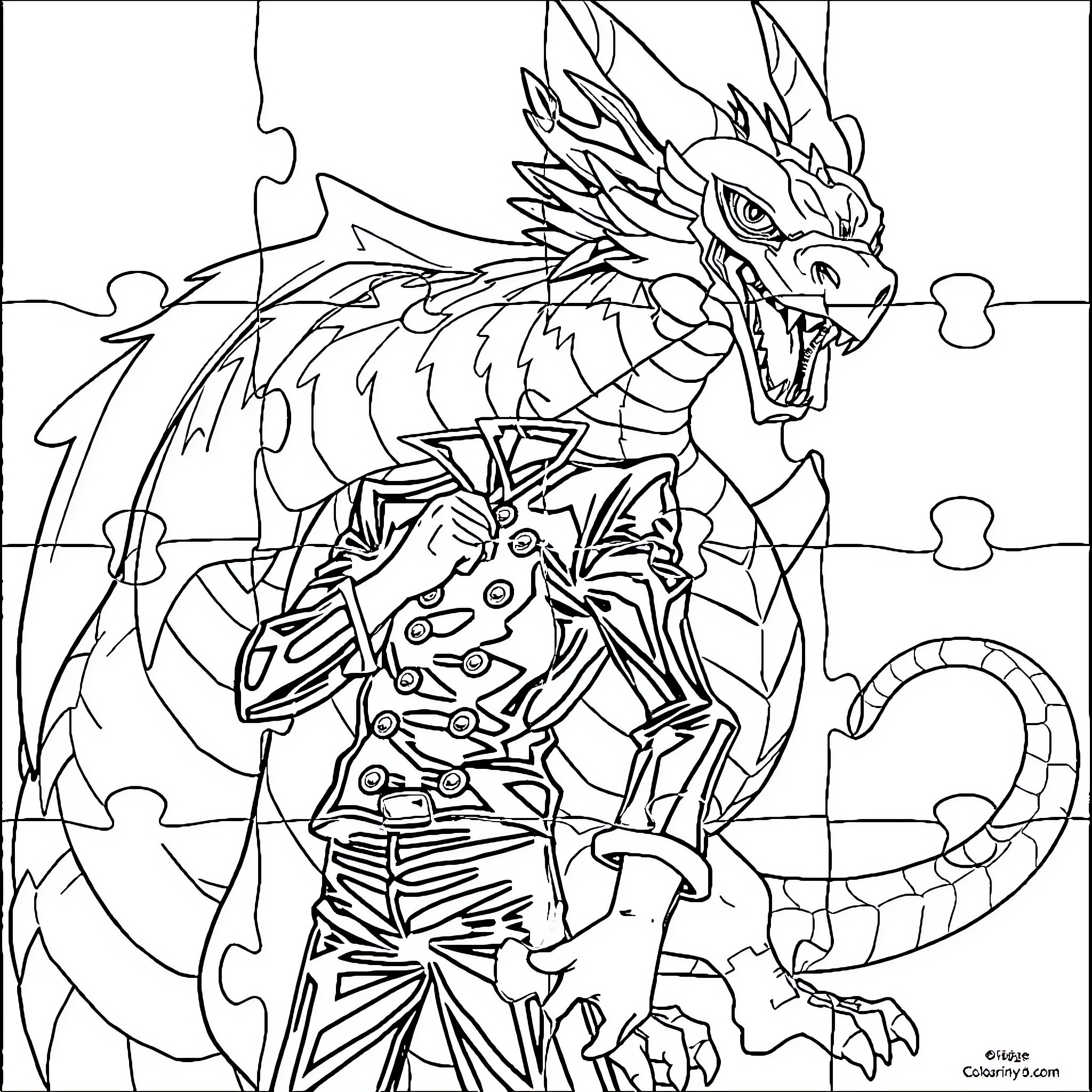 Blue Eyes White Dragon Battling Warrior Protagonist Coloring Page (free black-and-white line drawing printable PDF for all, from beginners to advanced learners, including children, teens, adults, and seniors)