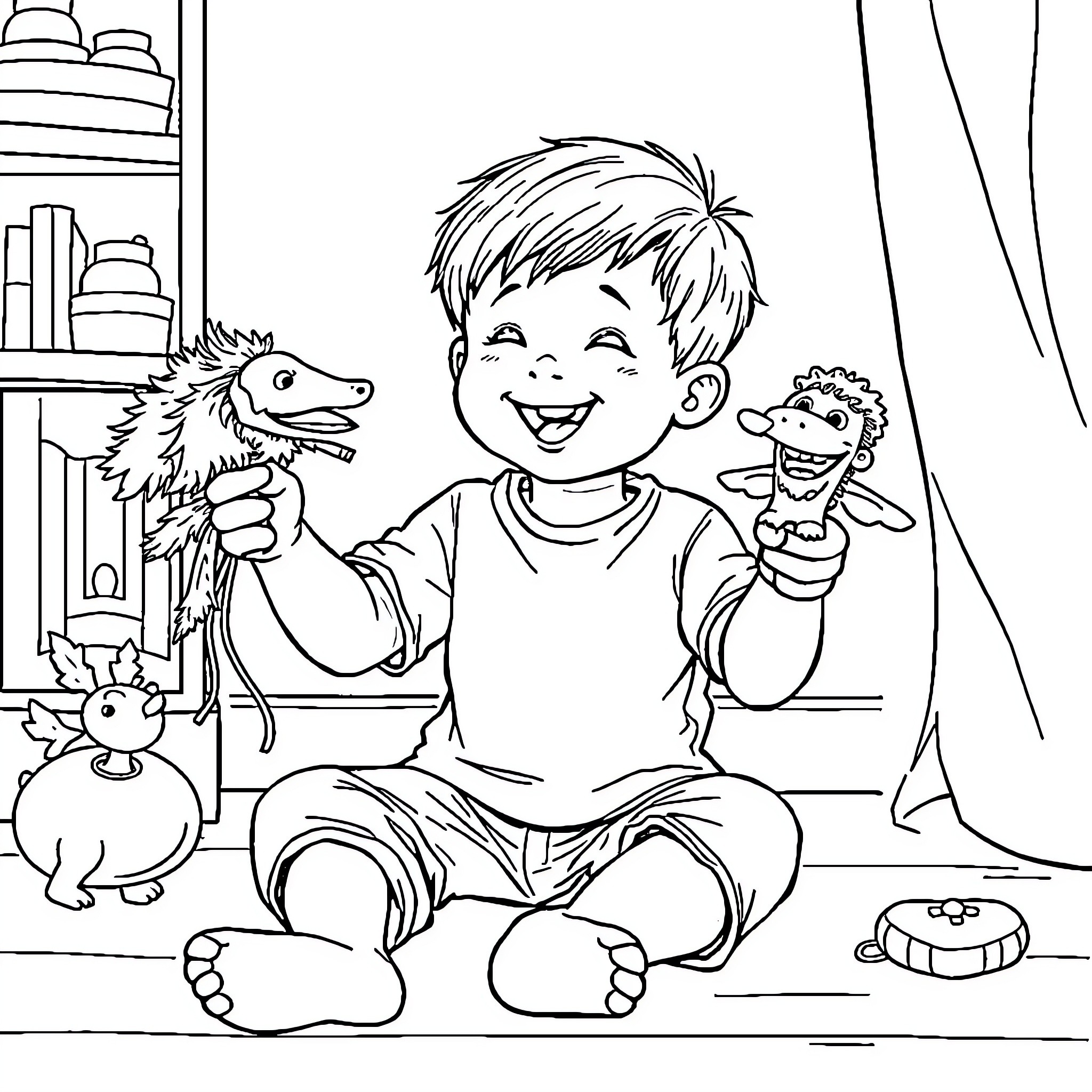 Boy playing happily with stuffed animals Coloring Page (free black-and-white line drawing printable PDF for all, from beginners to advanced learners, including children, teens, adults, and seniors)