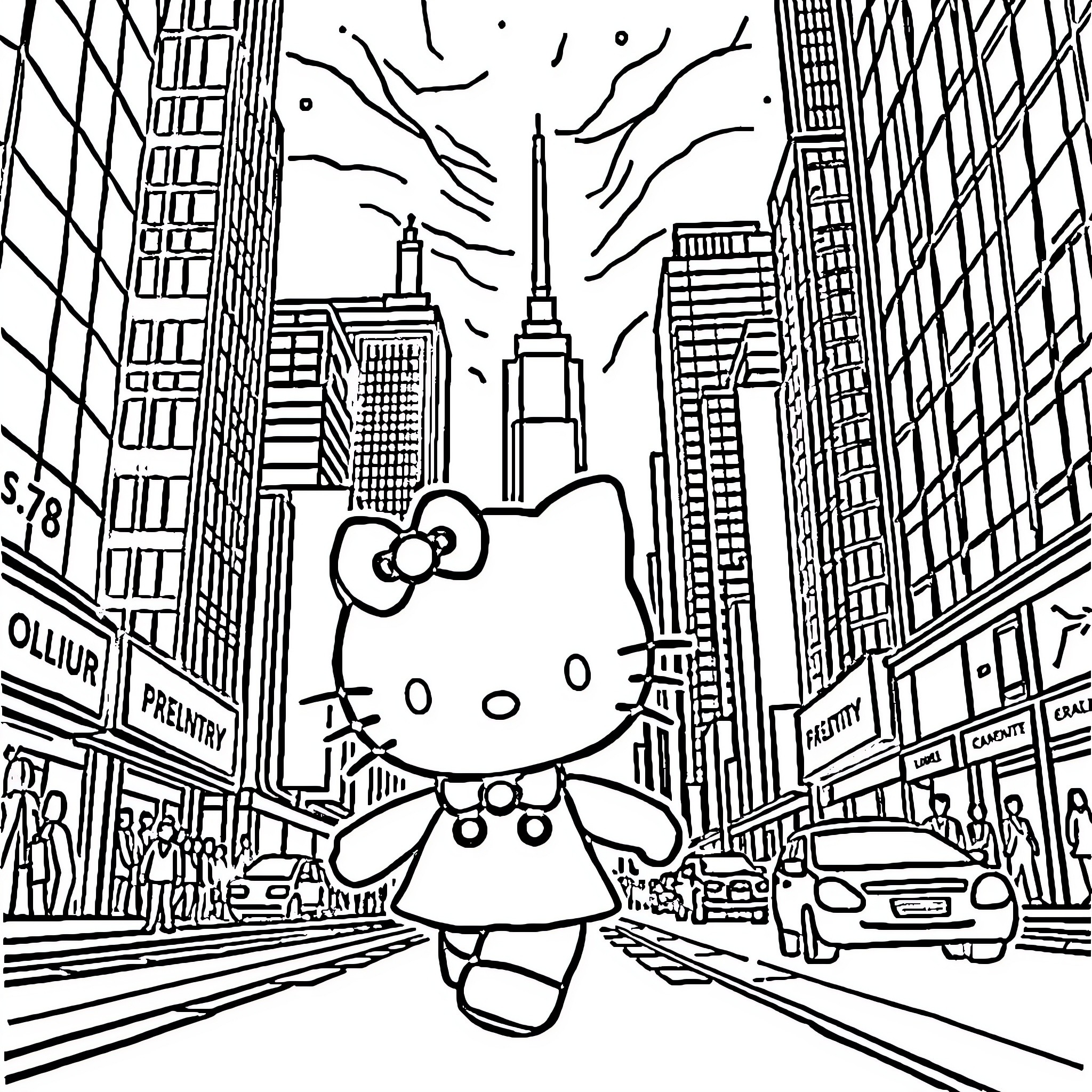 Hello Kitty explores the city streets Coloring Page (free black-and-white line drawing printable PDF for all, from beginners to advanced learners, including children, teens, adults, and seniors)