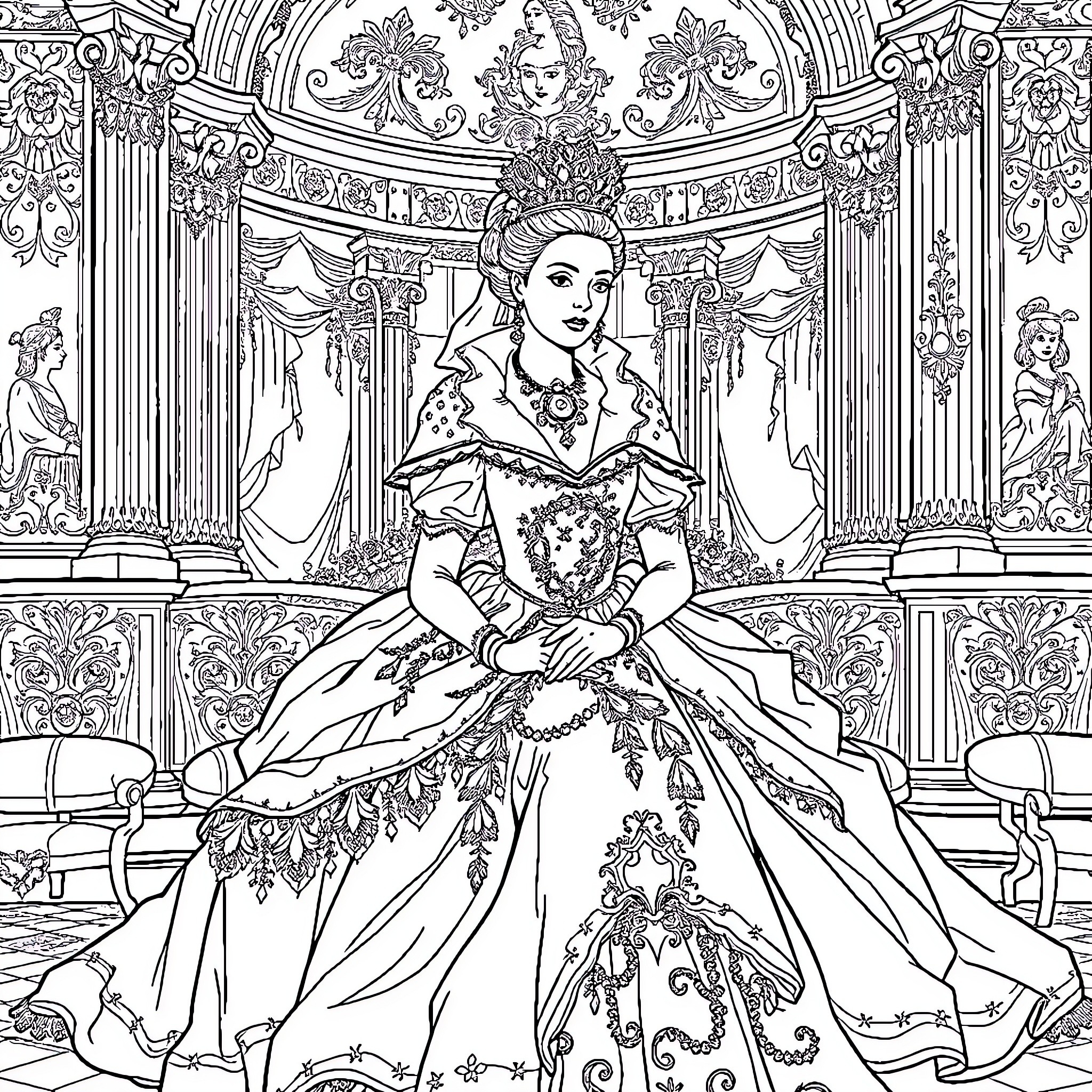 Marie Antoinette in Elaborate Regal Attire Coloring Page (free black-and-white line drawing printable PDF for all, from beginners to advanced learners, including children, teens, adults, and seniors)