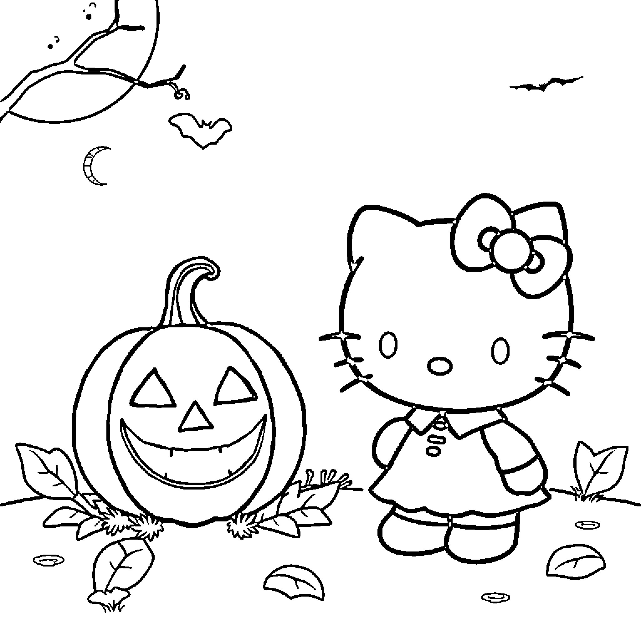Hello Kitty Celebrates Halloween with Jack-o'-Lantern Coloring Page (free black-and-white line drawing printable PDF for all, from beginners to advanced learners, including children, teens, adults, and seniors)