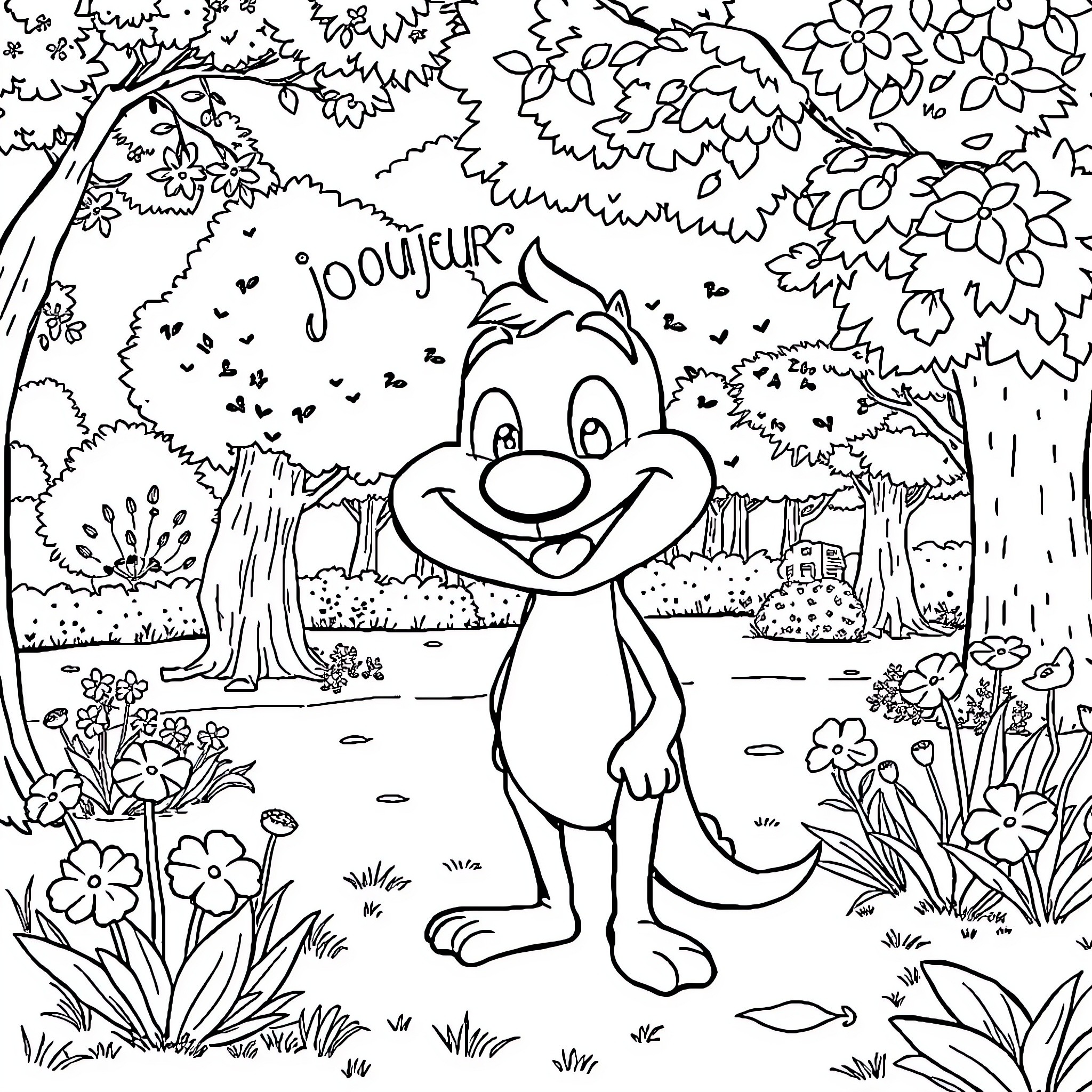 Tchoupi enjoying nature's beauty in the forest Coloring Page (free black-and-white line drawing printable PDF for all, from beginners to advanced learners, including children, teens, adults, and seniors)