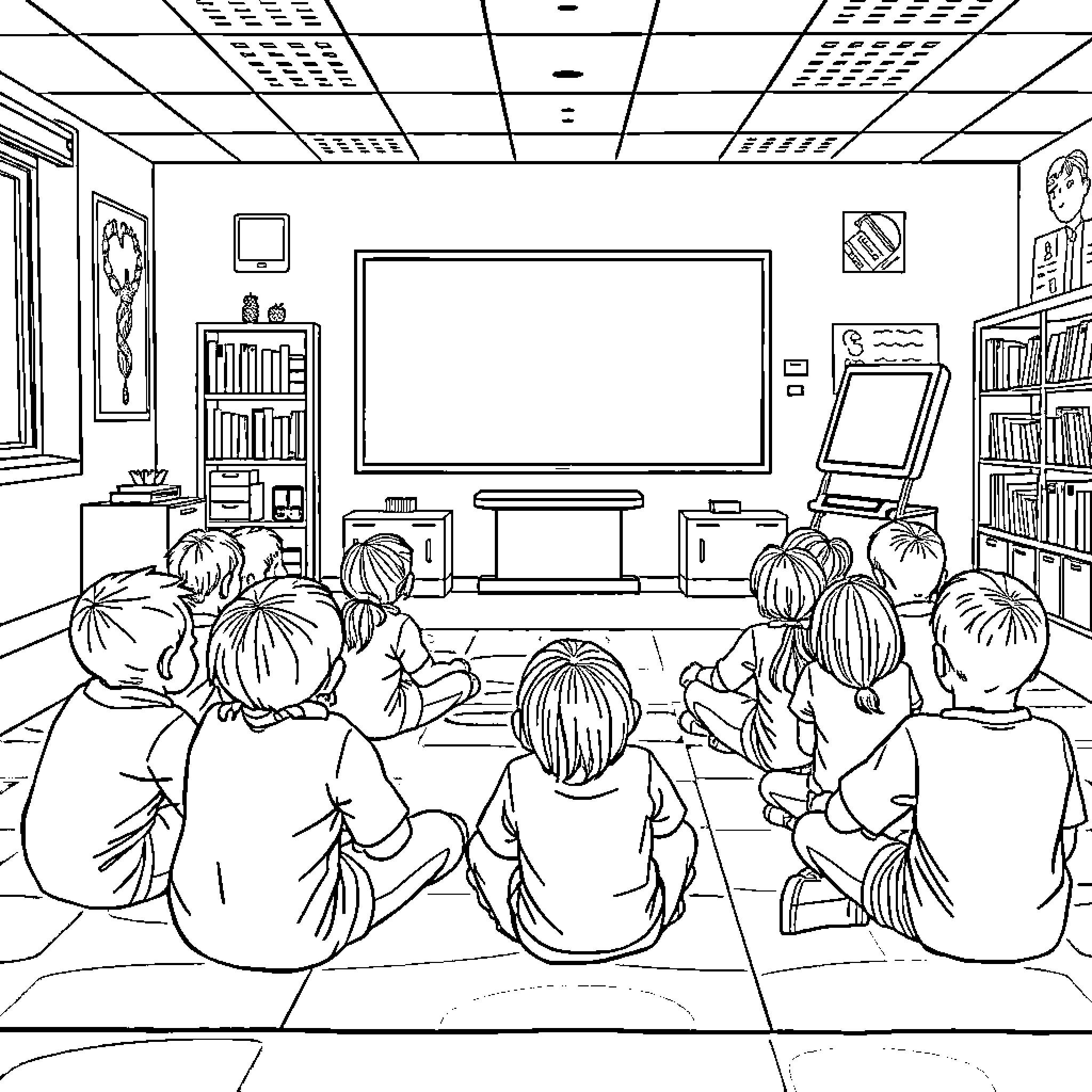 Students learning in a classroom setting Coloring Page (free black-and-white line drawing printable PDF for all, from beginners to advanced learners, including children, teens, adults, and seniors)
