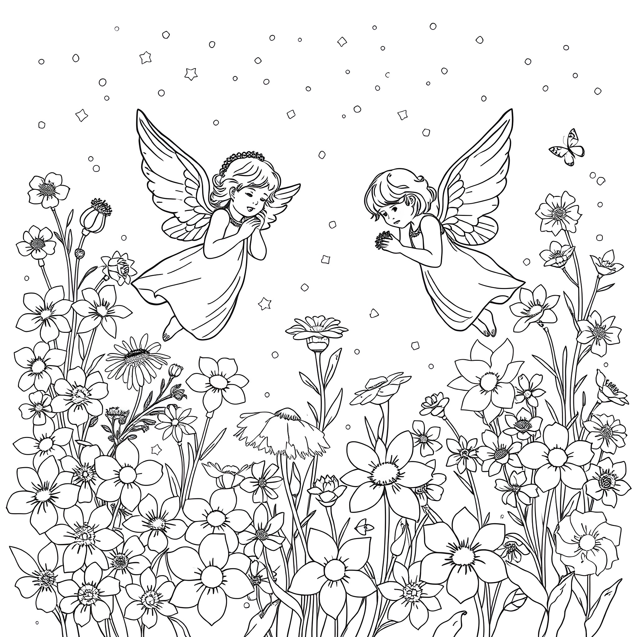 Angel Fairies Playing Joyfully Among Flowers Coloring Page (free black-and-white line drawing printable PDF for all, from beginners to advanced learners, including children, teens, adults, and seniors)