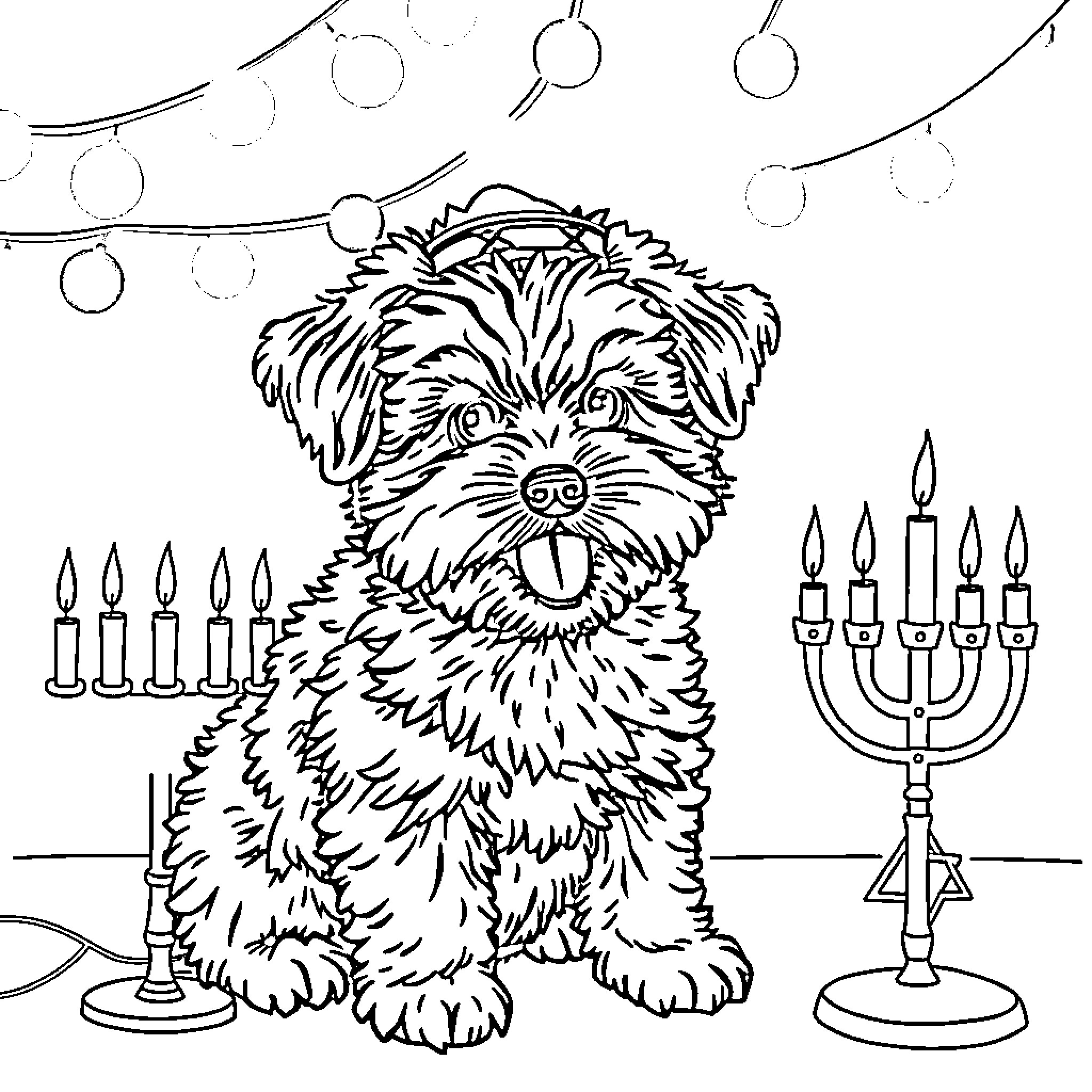 Cavoodle enjoying cozy winter scene with candles Coloring Page (free black-and-white line drawing printable PDF for all, from beginners to advanced learners, including children, teens, adults, and seniors)