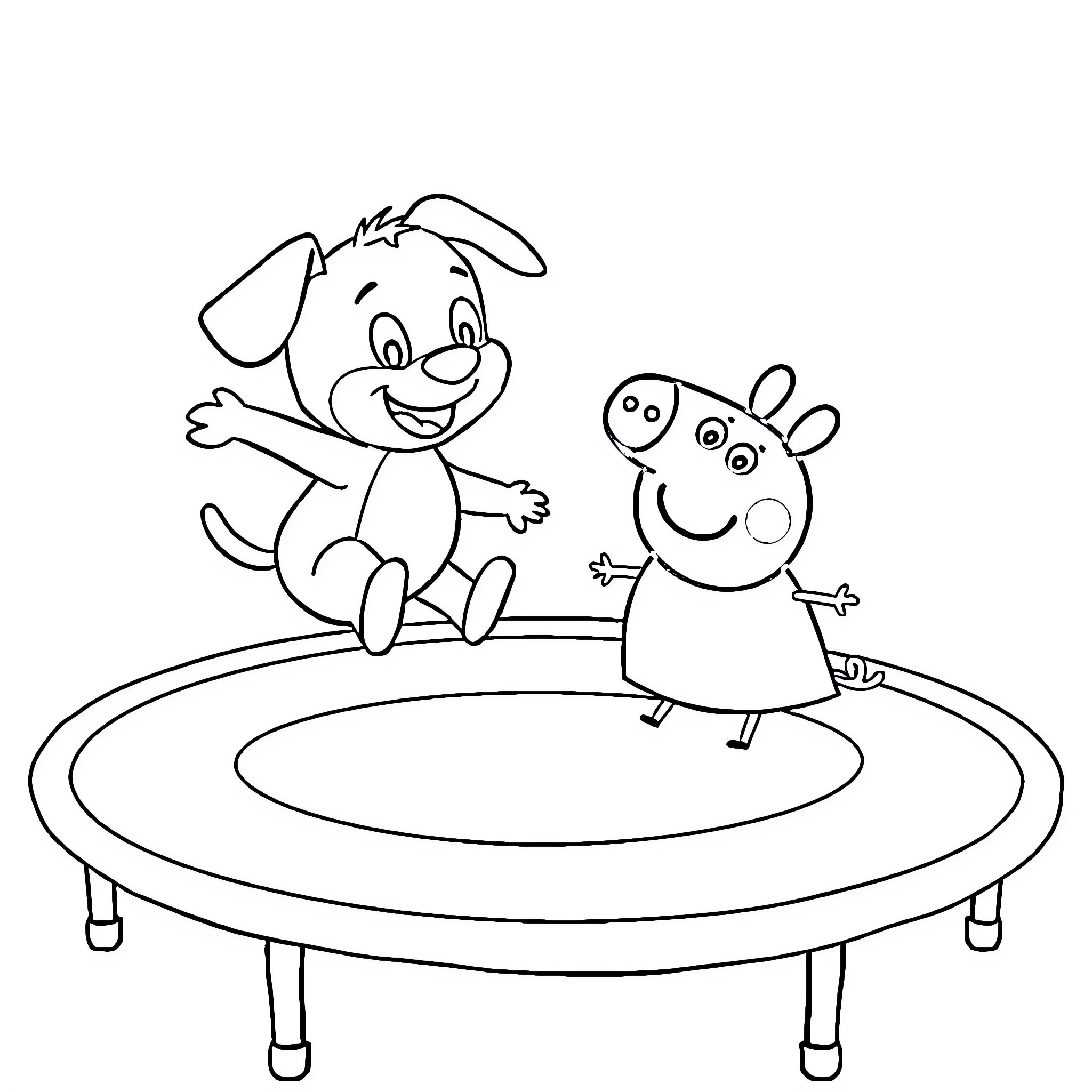 Bluey and Peppa Pig playing on trampoline Coloring Page (free black-and-white line drawing printable PDF for all, from beginners to advanced learners, including children, teens, adults, and seniors)