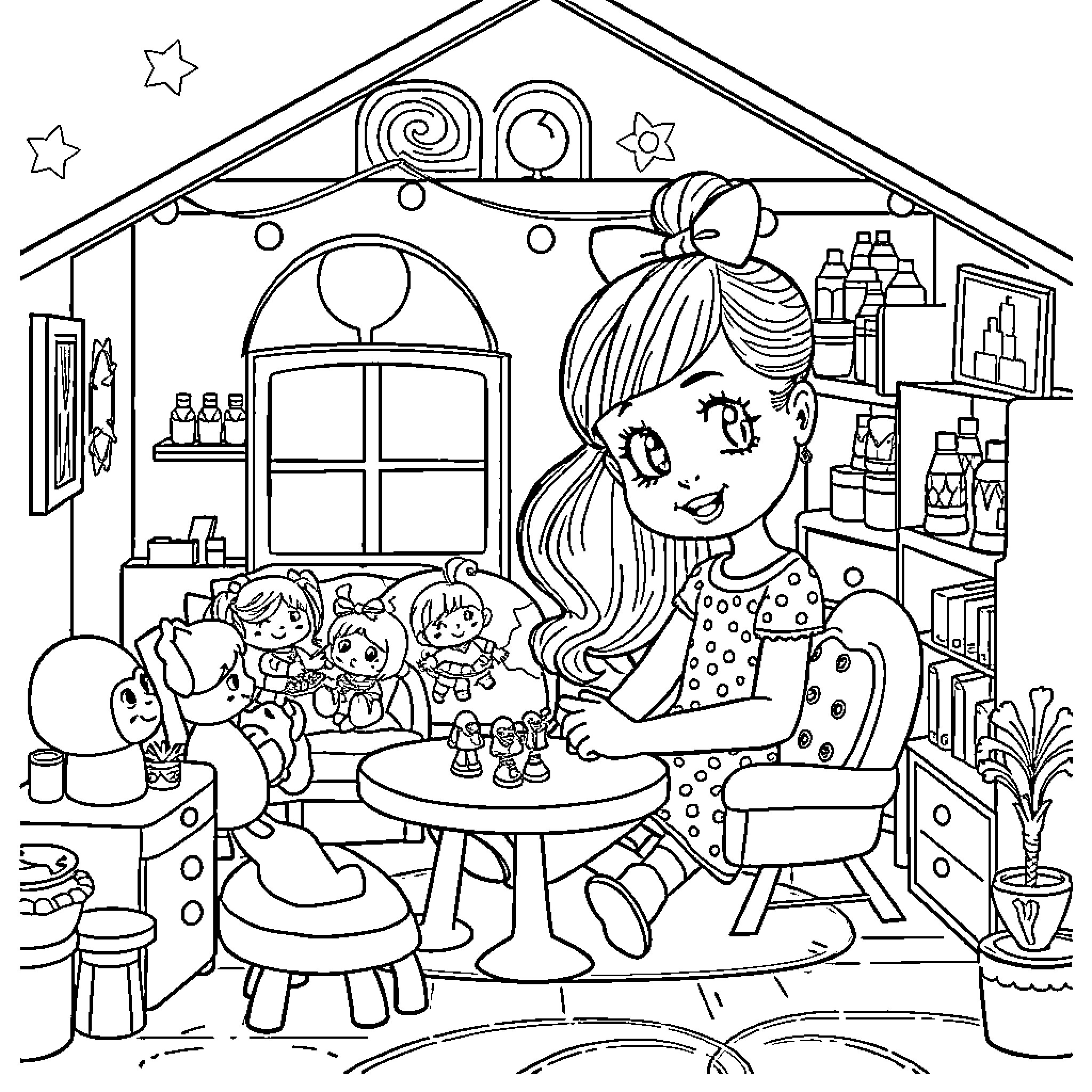 Gabby's Playful Gathering in Her Cozy Bedroom Coloring Page (free black-and-white line drawing printable PDF for all, from beginners to advanced learners, including children, teens, adults, and seniors)