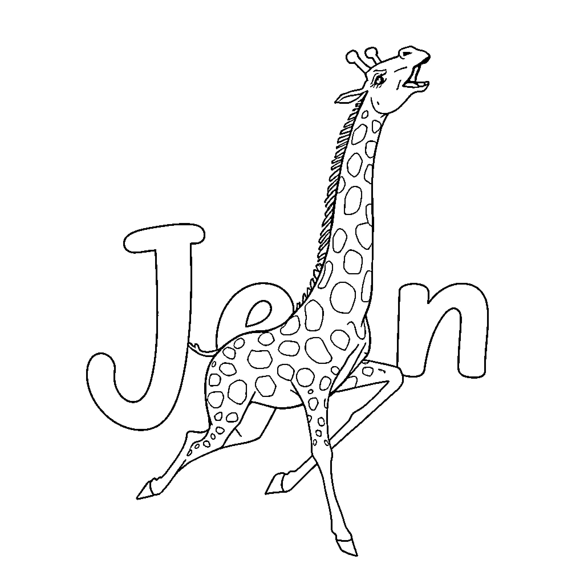Giraffe with the letter J Coloring Page (free black-and-white line drawing printable PDF for all, from beginners to advanced learners, including children, teens, adults, and seniors)