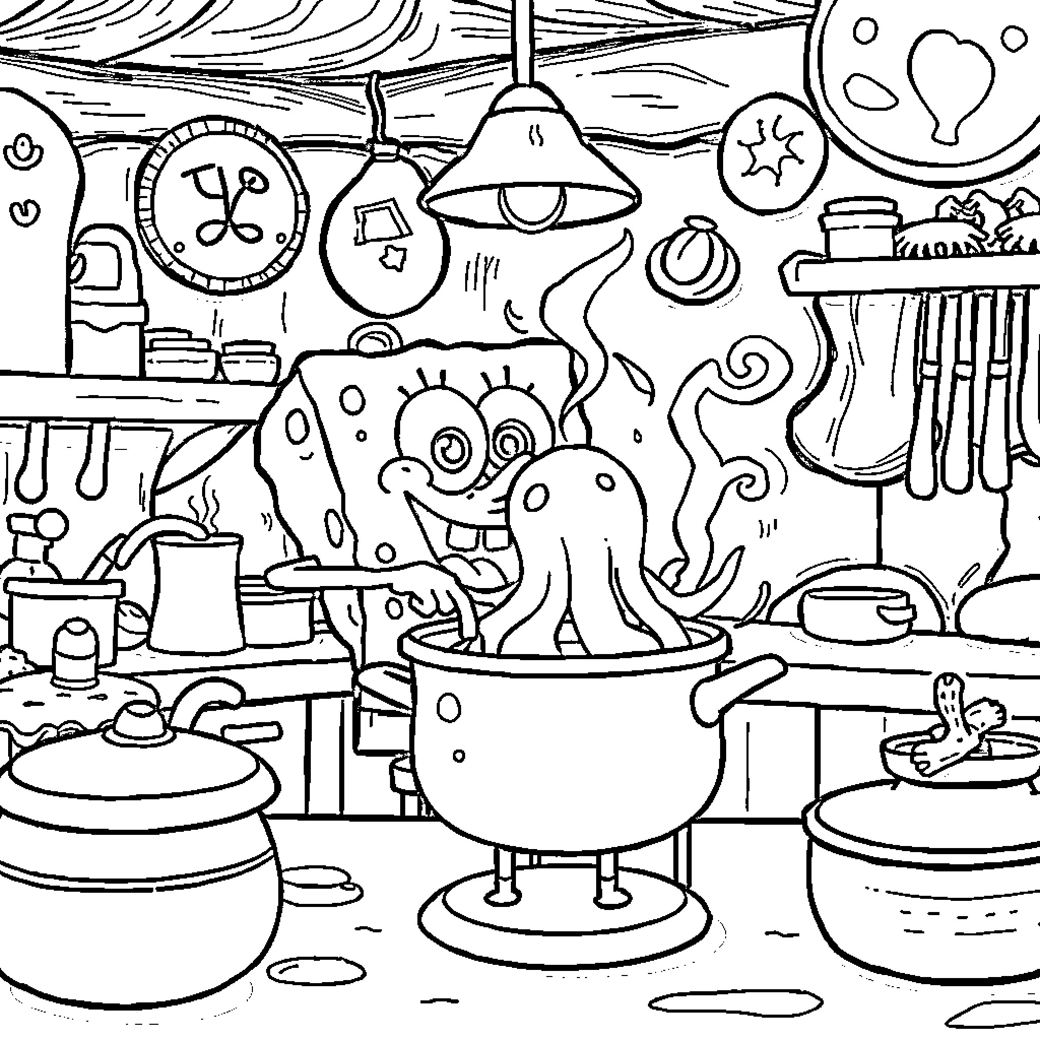Spongebob's Whimsical Kitchen Adventures Coloring Page (free black-and-white line drawing printable PDF for all, from beginners to advanced learners, including children, teens, adults, and seniors)