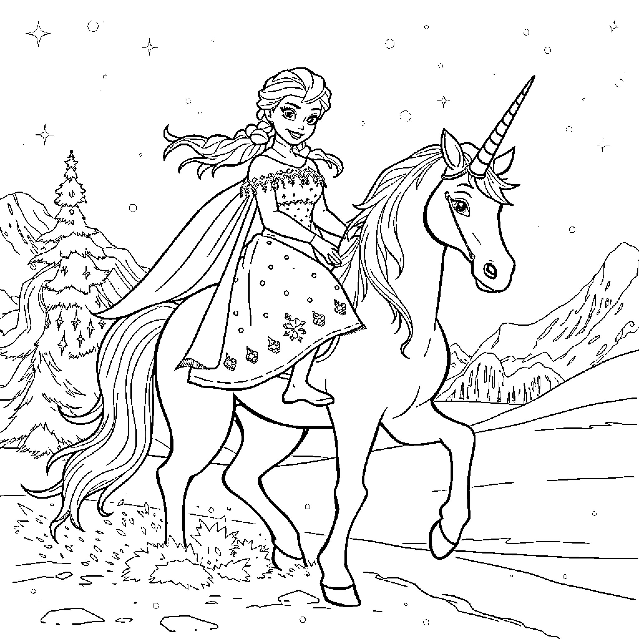 Elsa's Magical Adventure with a Unicorn Coloring Page (free black-and-white line drawing printable PDF for all, from beginners to advanced learners, including children, teens, adults, and seniors)