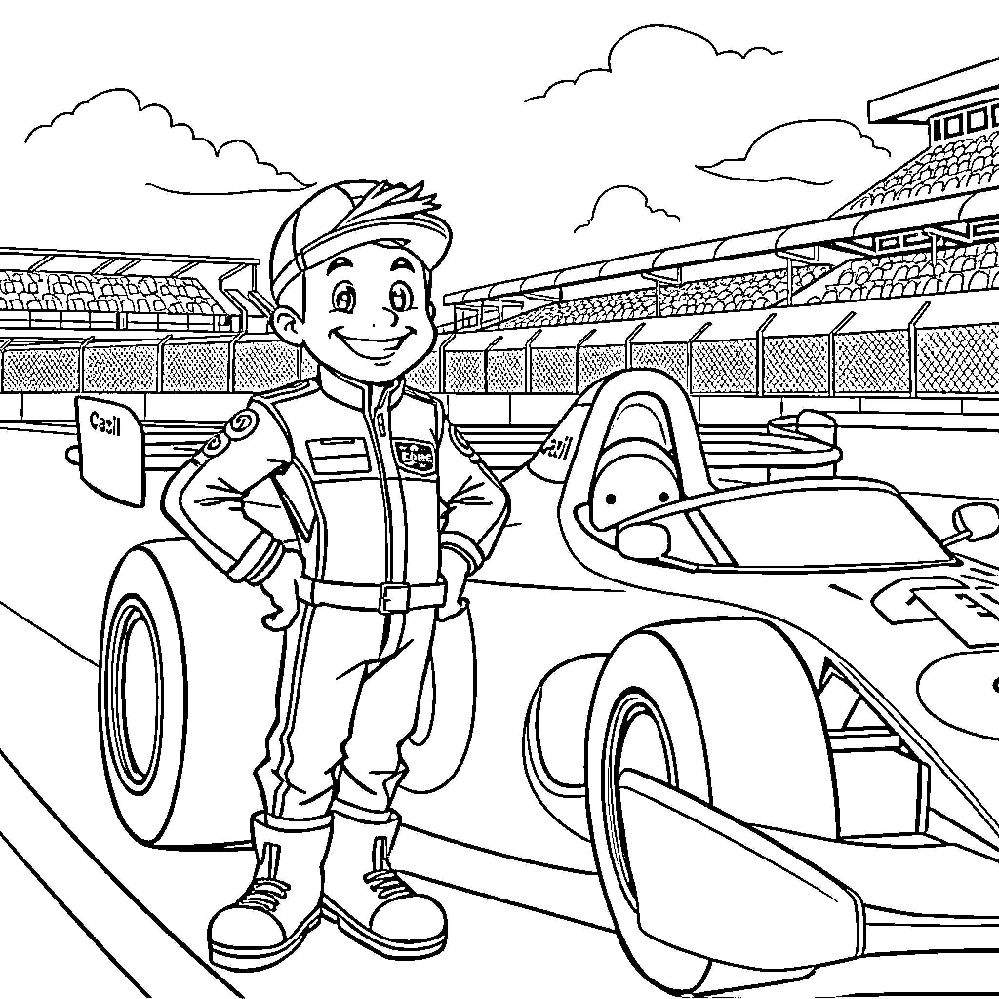 Checo Pérez enjoys racing cars on the track Coloring Page (free black-and-white line drawing printable PDF for all, from beginners to advanced learners, including children, teens, adults, and seniors)