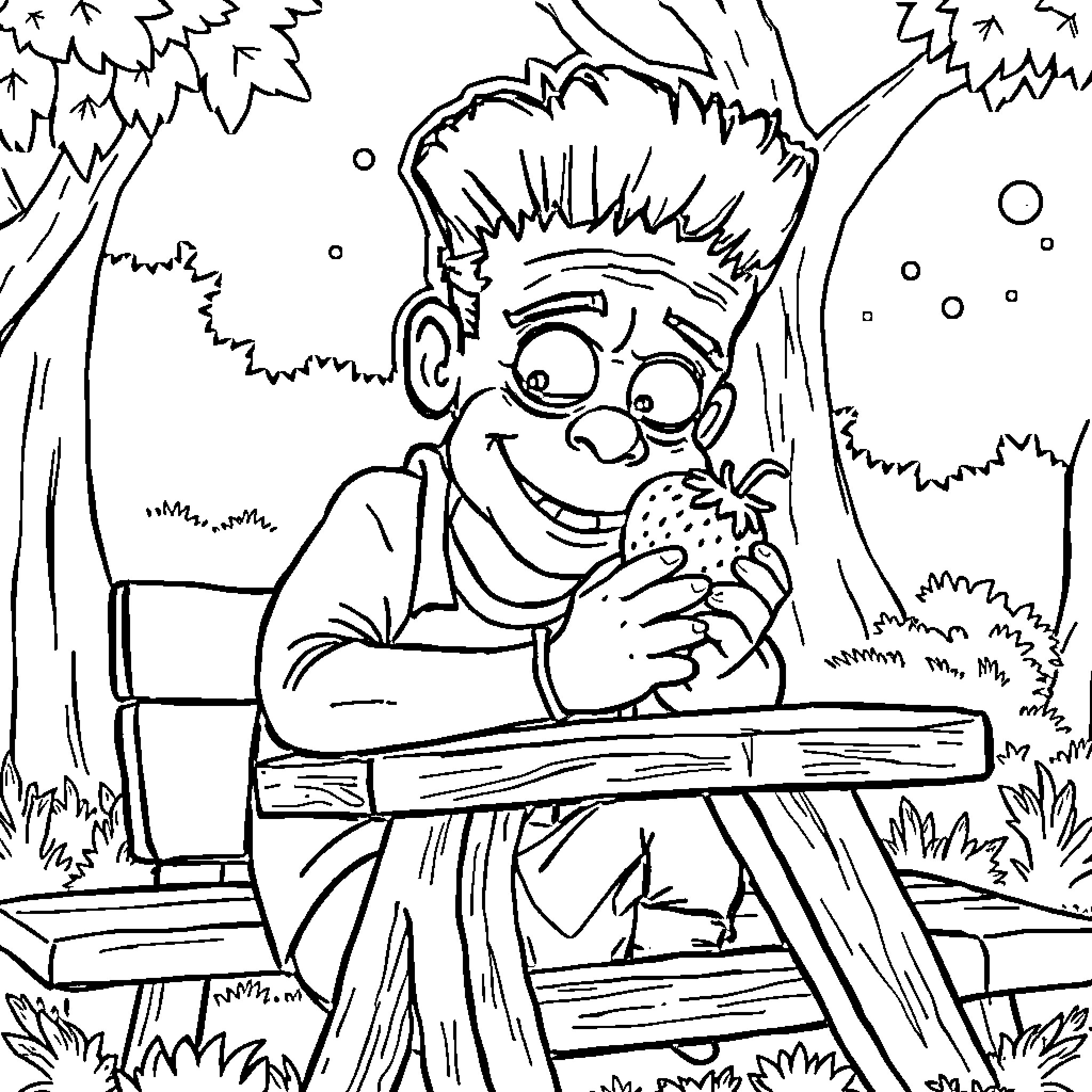 Frankenstein eating a snack on a park bench Coloring Page (free black-and-white line drawing printable PDF for all, from beginners to advanced learners, including children, teens, adults, and seniors)