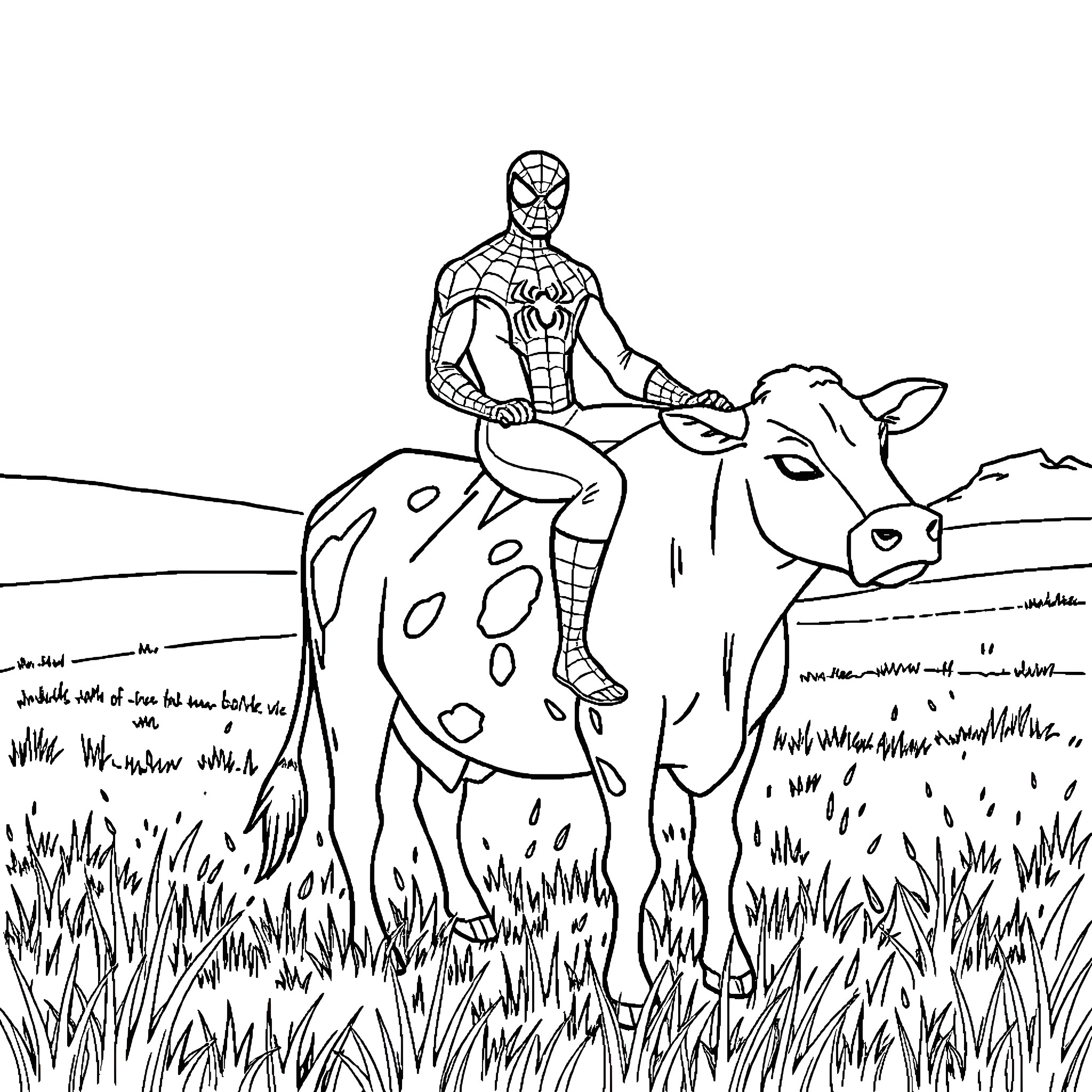 Spiderman riding a spotted cow in the countryside Coloring Page (free black-and-white line drawing printable PDF for all, from beginners to advanced learners, including children, teens, adults, and seniors)