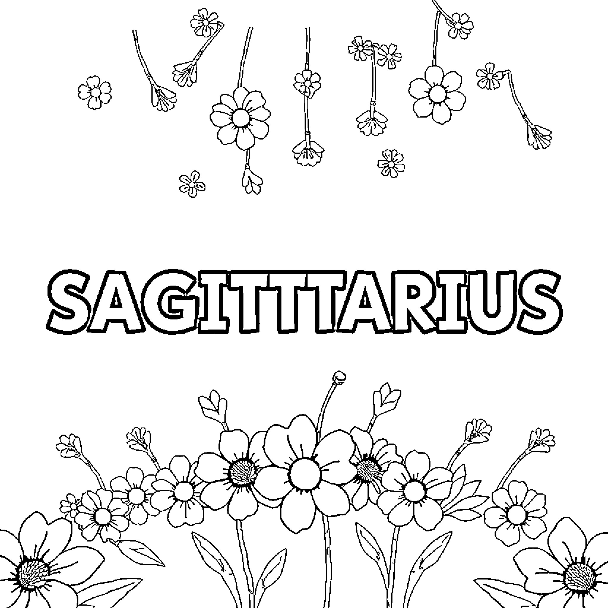 Sagittarius Flowers in Bloom Coloring Page (free black-and-white line drawing printable PDF for all, from beginners to advanced learners, including children, teens, adults, and seniors)