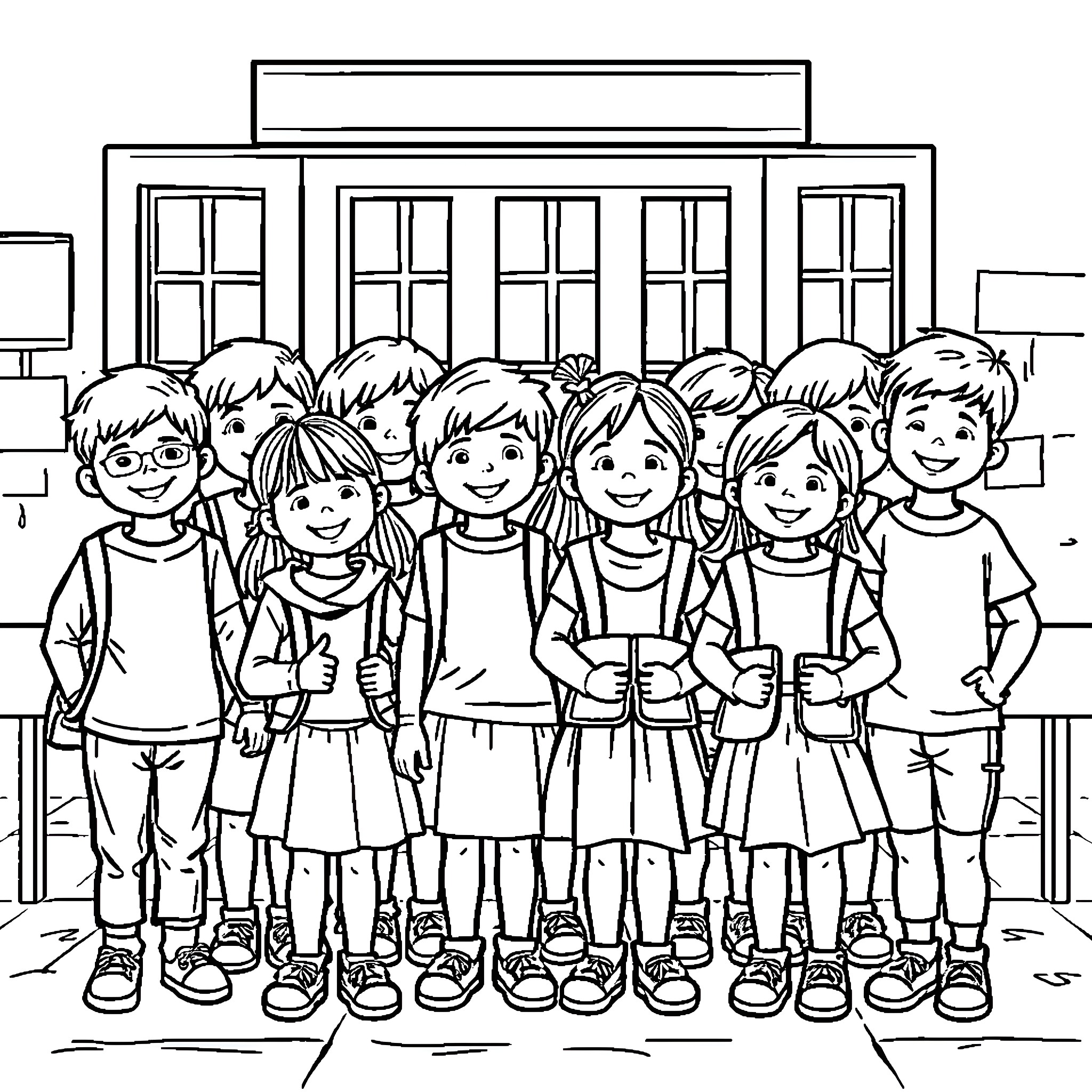 Kid group portrait in a school setting Coloring Page (free black-and-white line drawing printable PDF for all, from beginners to advanced learners, including children, teens, adults, and seniors)