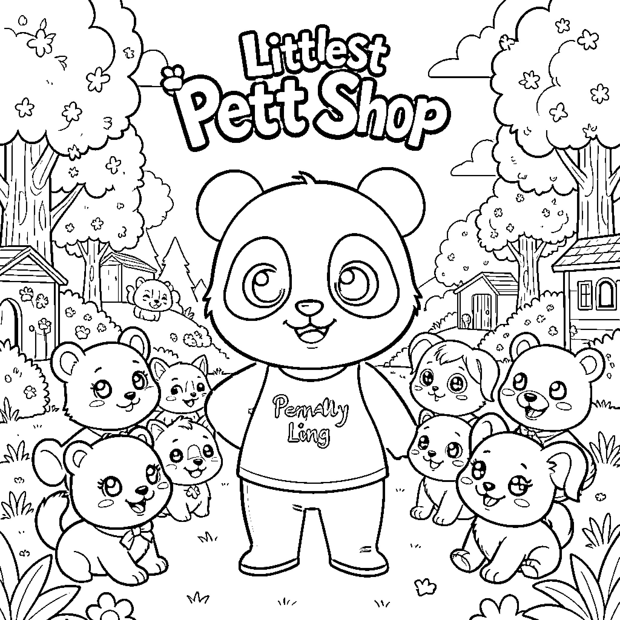 Penny Ling and her panda friends at the Littlest Pet Shop Coloring Page (free black-and-white line drawing printable PDF for all, from beginners to advanced learners, including children, teens, adults, and seniors)