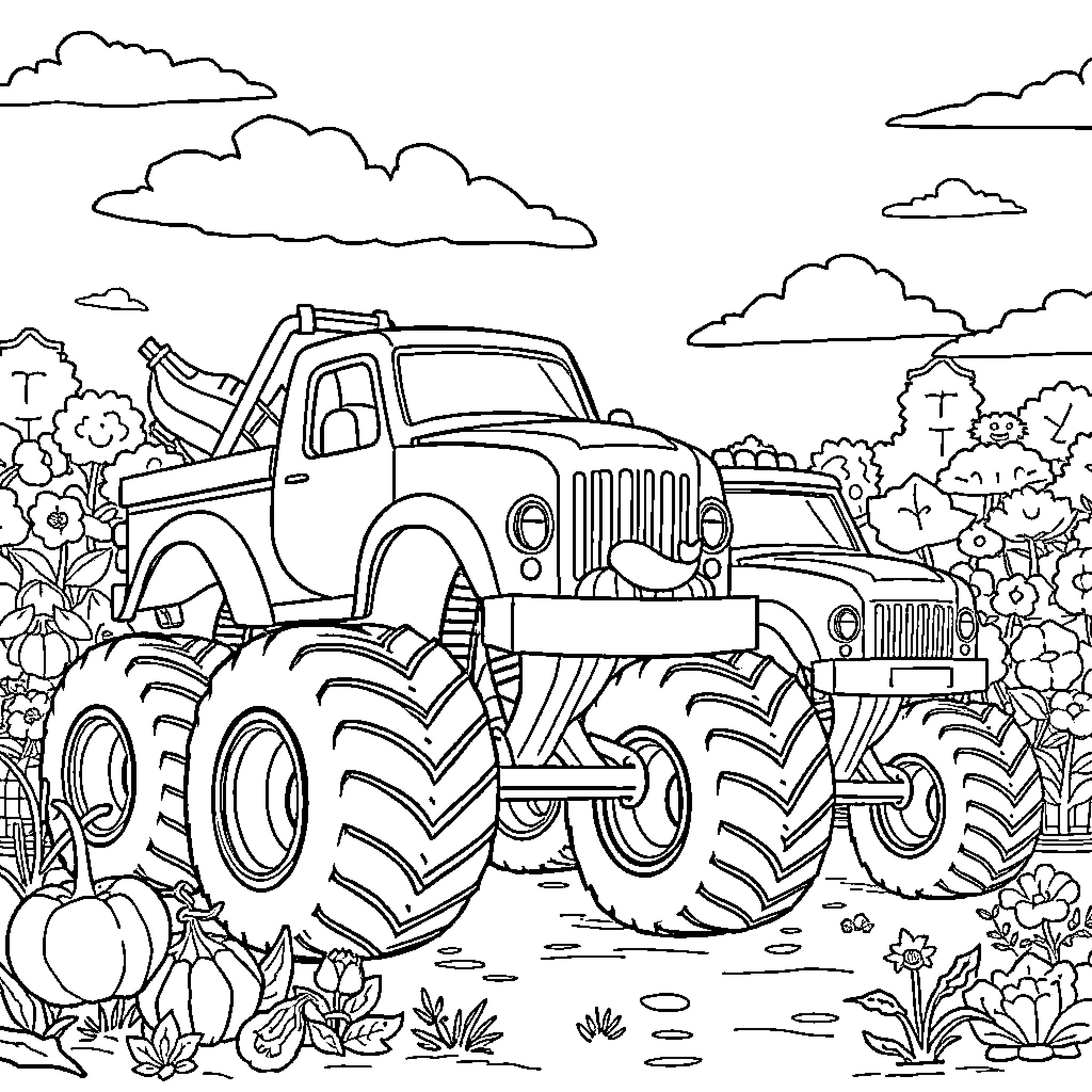 Monster Truck Navigating Outdoor Terrain Coloring Page (free black-and-white line drawing printable PDF for all, from beginners to advanced learners, including children, teens, adults, and seniors)