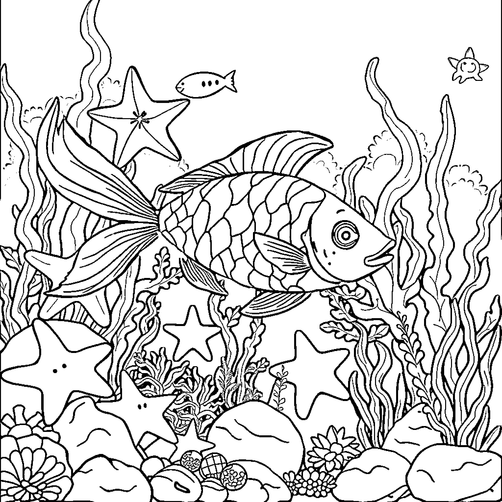 Fish swimming among ocean creatures and stars Coloring Page (free black-and-white line drawing printable PDF for all, from beginners to advanced learners, including children, teens, adults, and seniors)