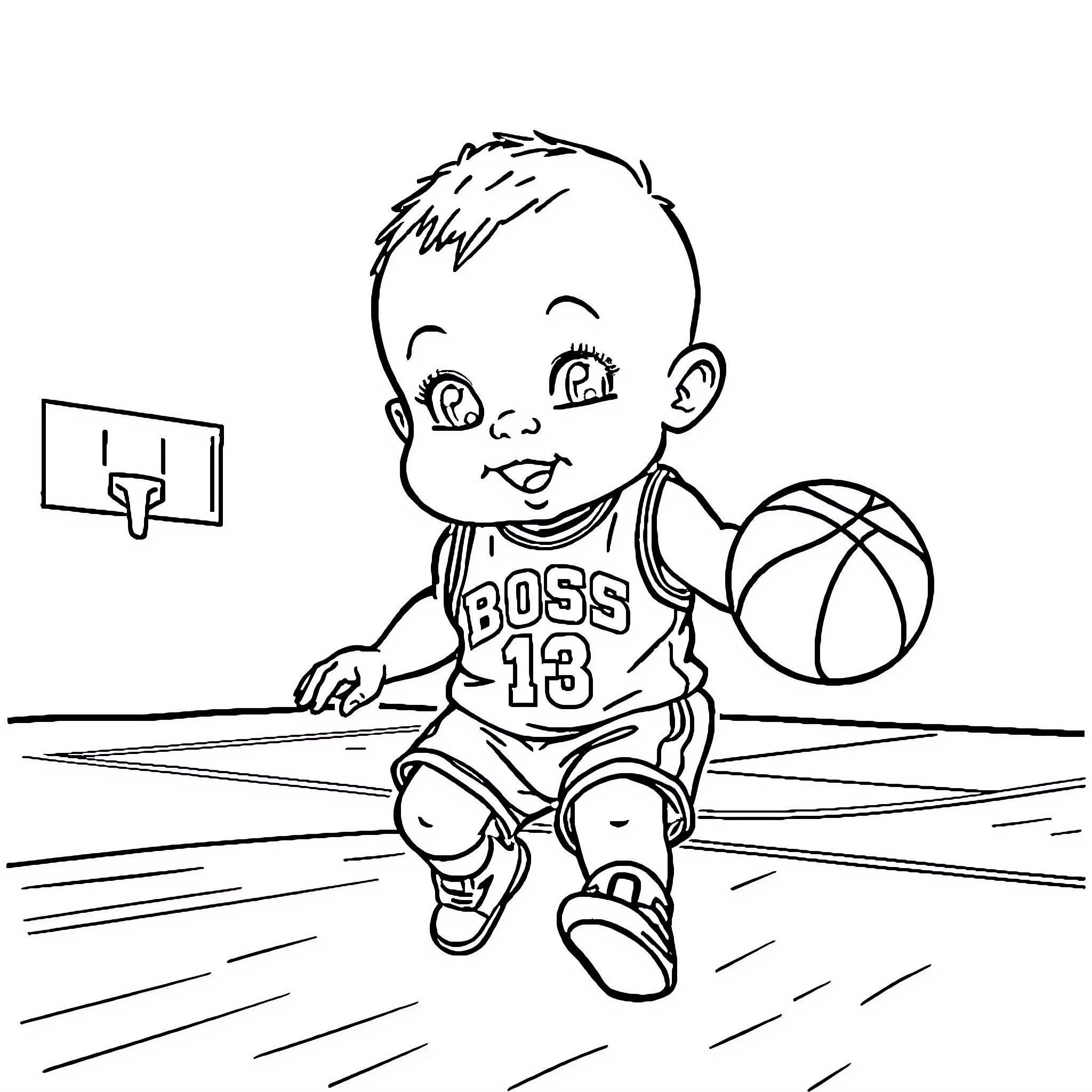 Boss Baby playing basketball on the court Coloring Page (free black-and-white line drawing printable PDF for all, from beginners to advanced learners, including children, teens, adults, and seniors)
